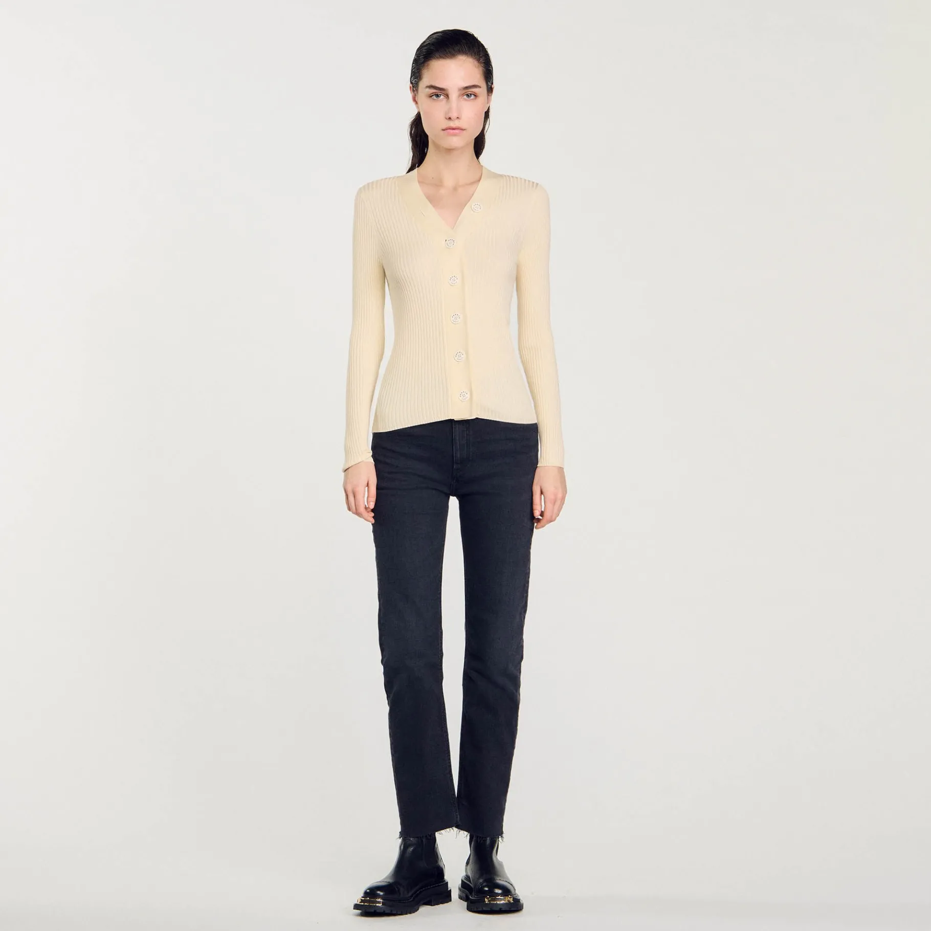 Store SANDRO Cardigan En Viscose Certifiée Ecru