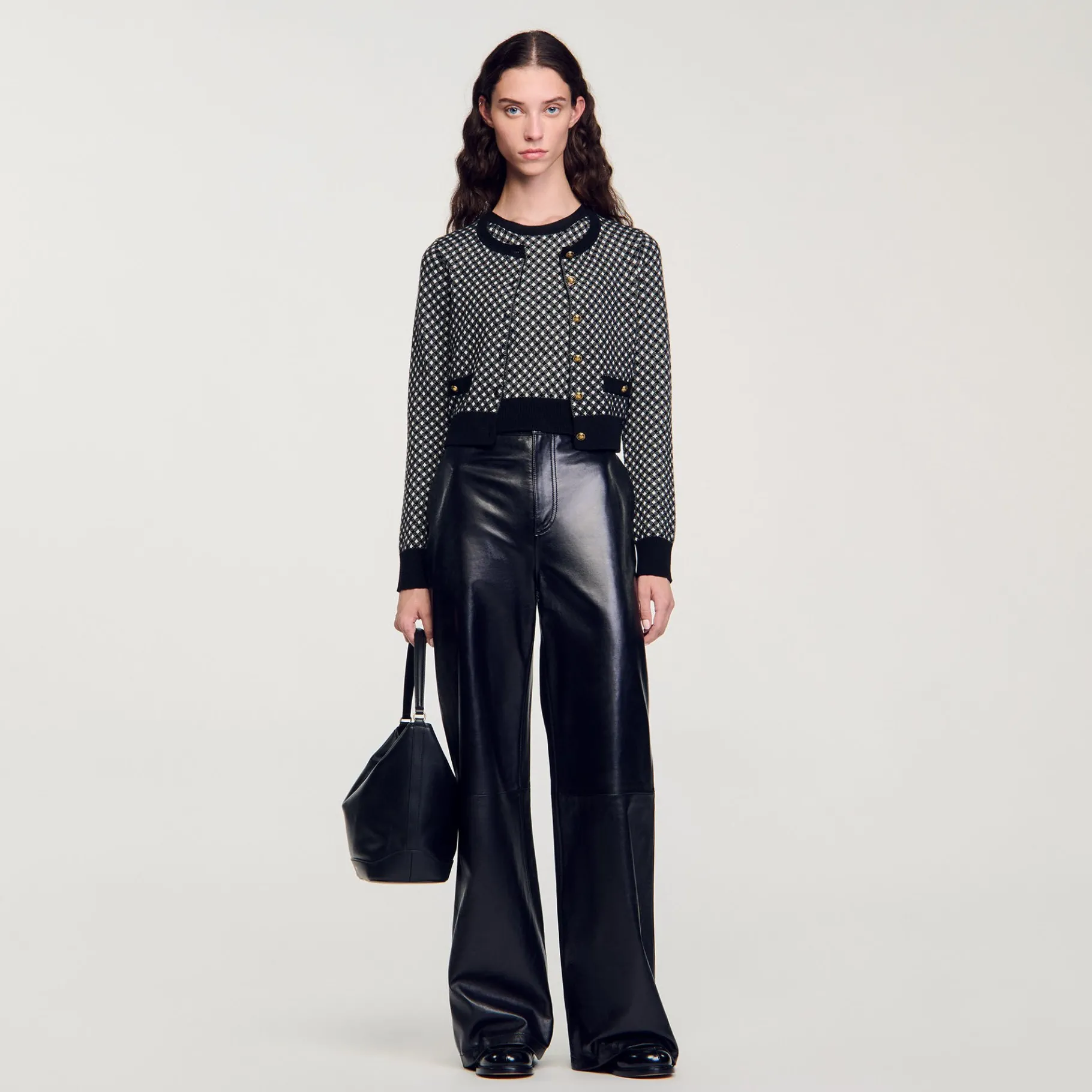 Clearance SANDRO Cardigan Jacquard Carreaux Noir