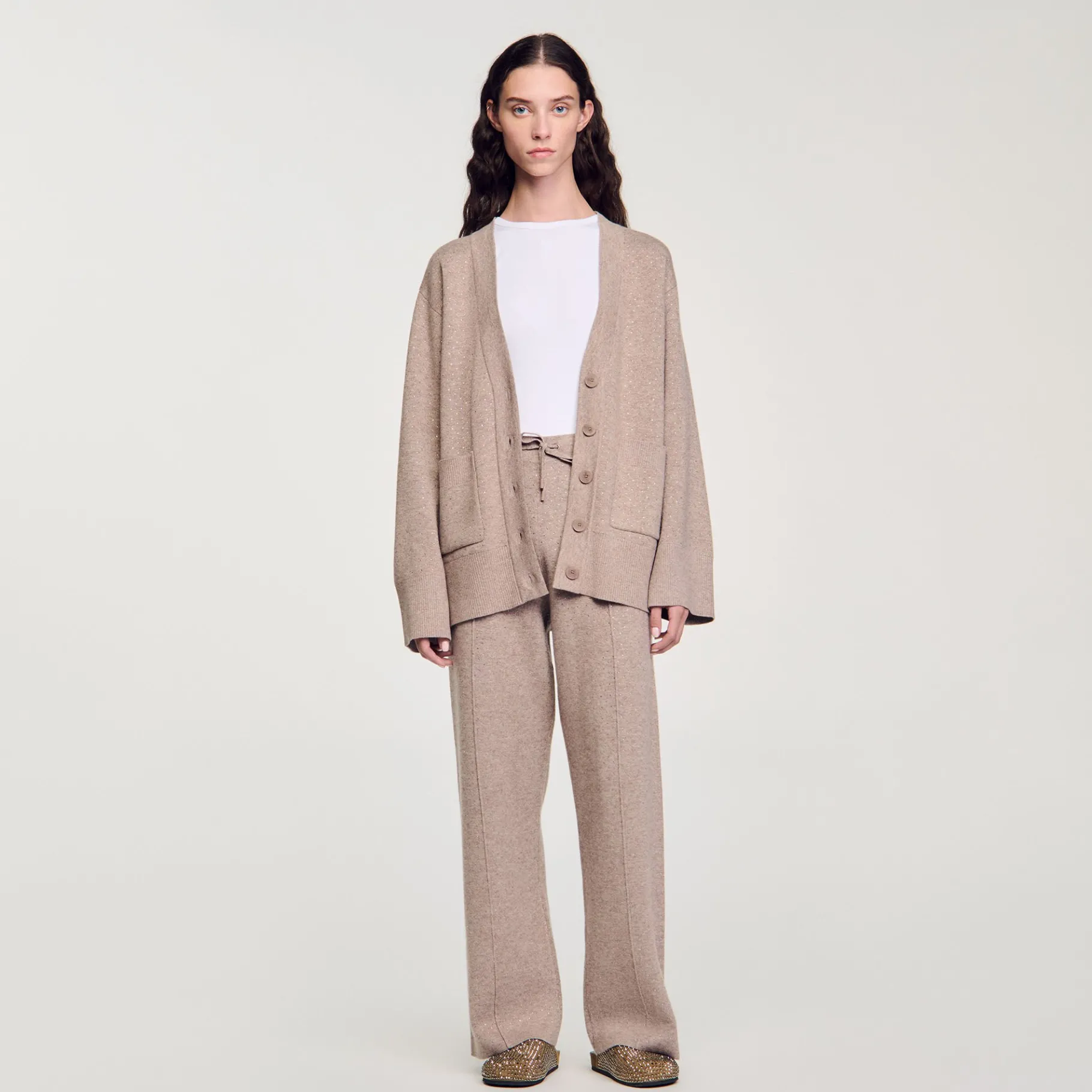 Clearance SANDRO Cardigan Long Strassé Beige