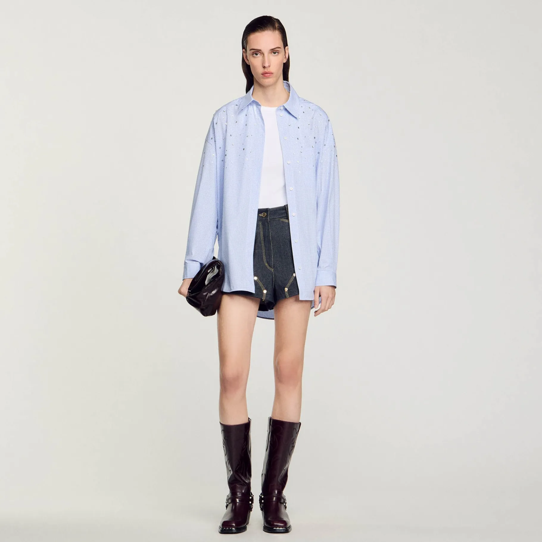 Fashion SANDRO Chemise à Carreaux Ornée De Studs Bleu Ciel