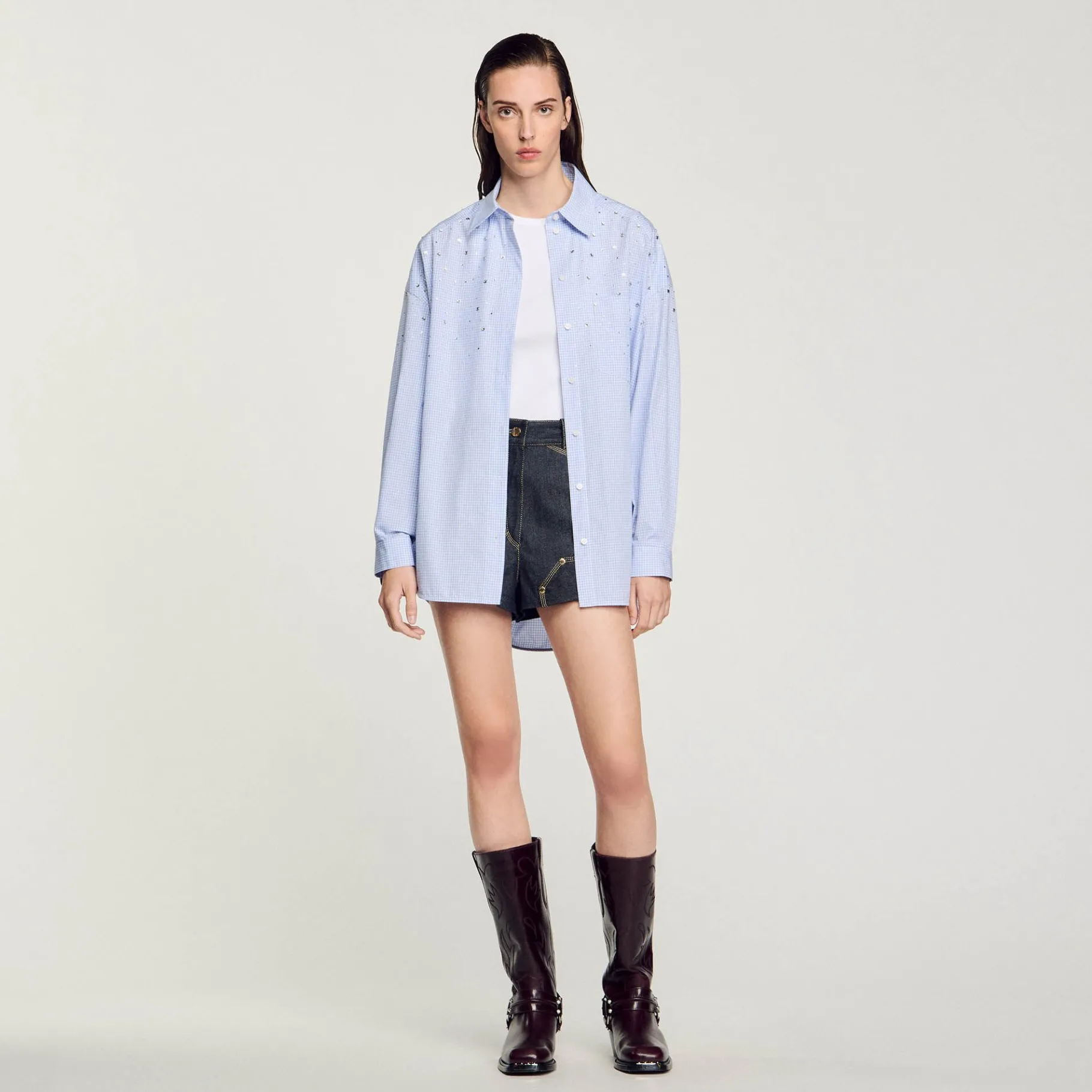 Fashion SANDRO Chemise à Carreaux Ornée De Studs Bleu Ciel