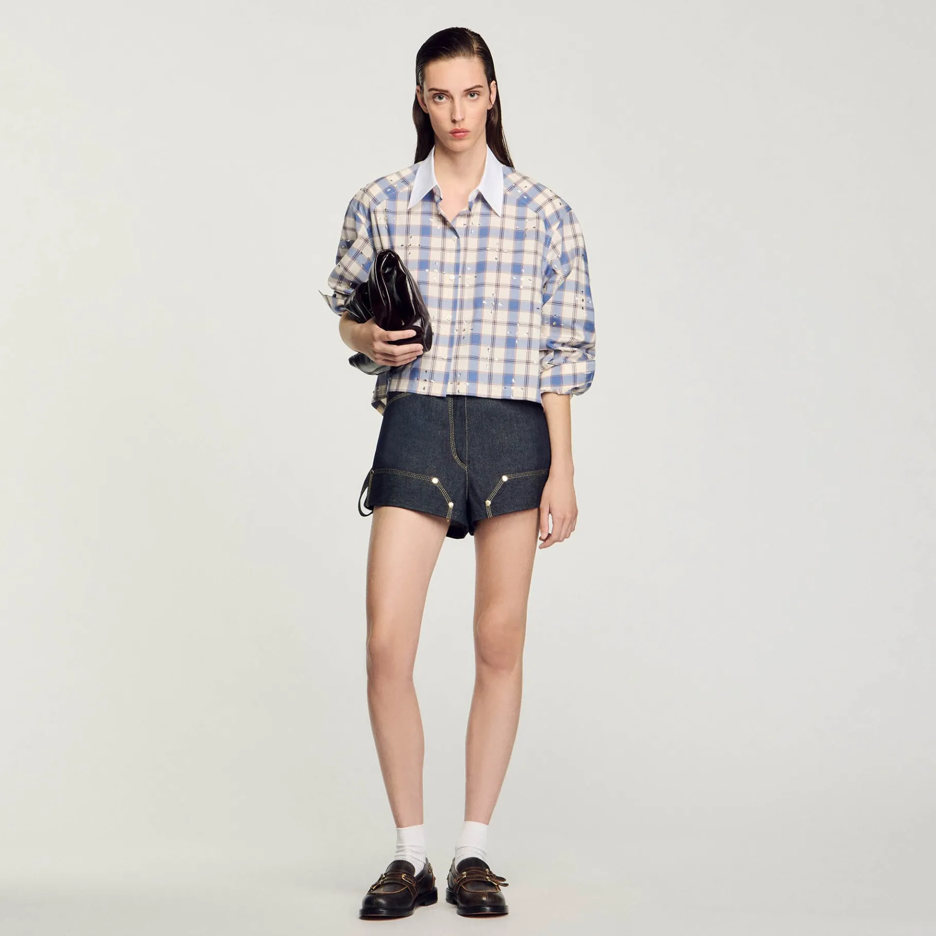 Store SANDRO Chemise à Carreaux Strassée Bleu