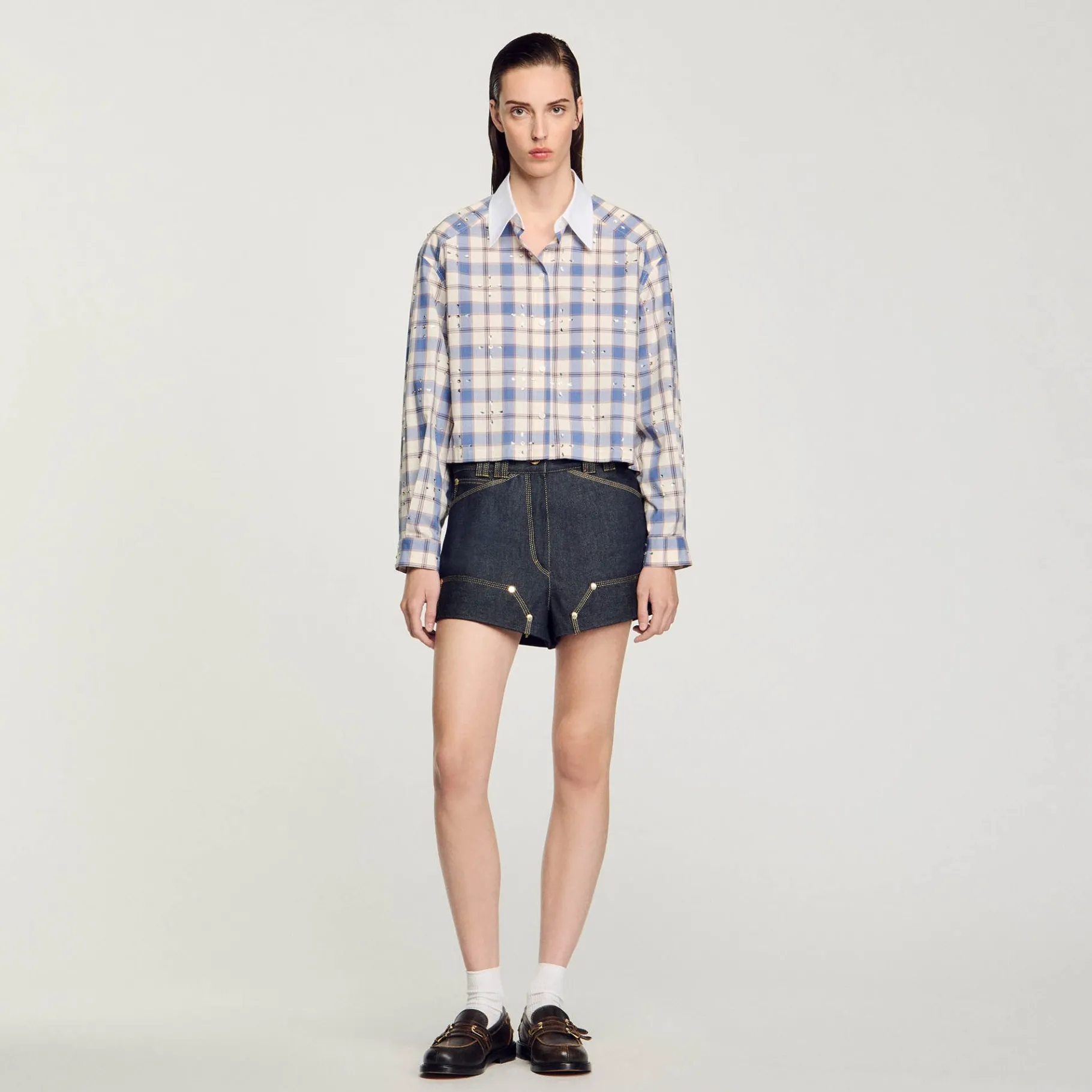 Store SANDRO Chemise à Carreaux Strassée Bleu
