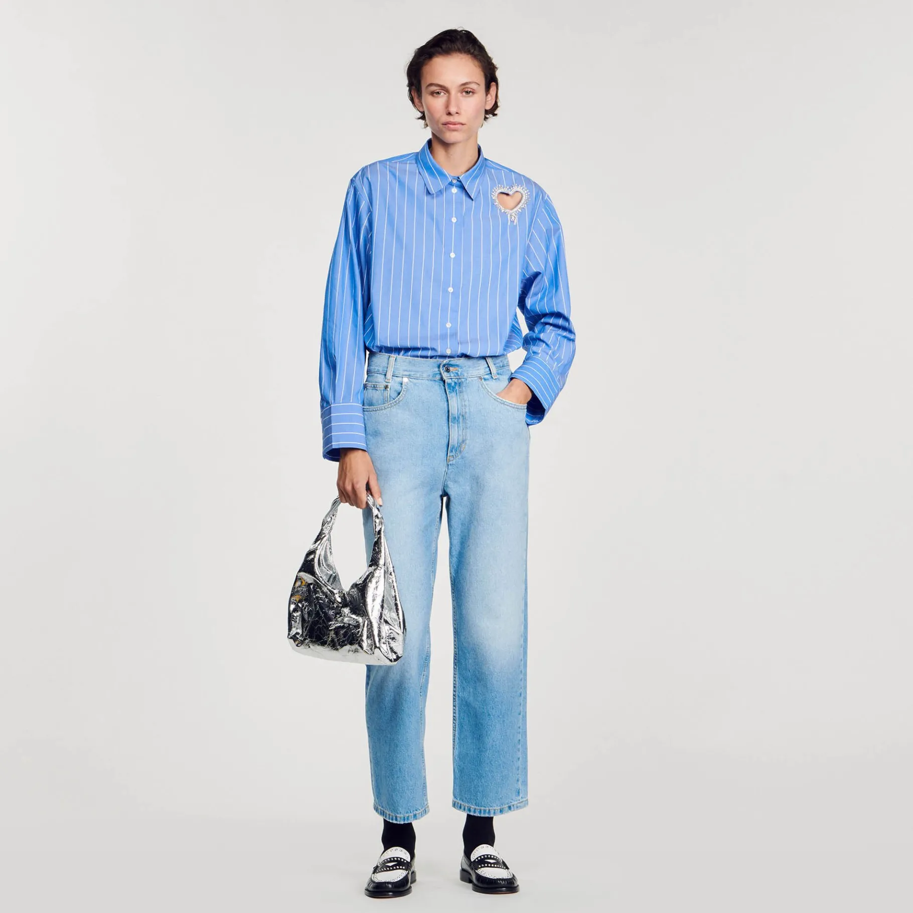 Store SANDRO Chemise à Rayures Et Cœur Strassé Bleu Ciel