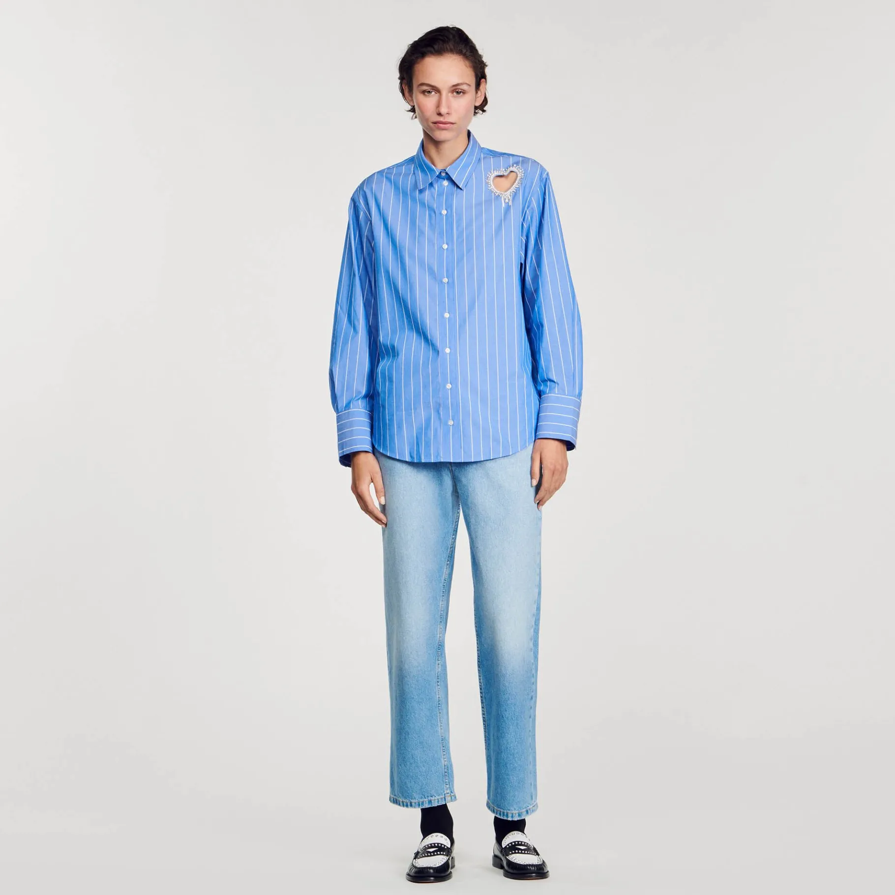 Store SANDRO Chemise à Rayures Et Cœur Strassé Bleu Ciel