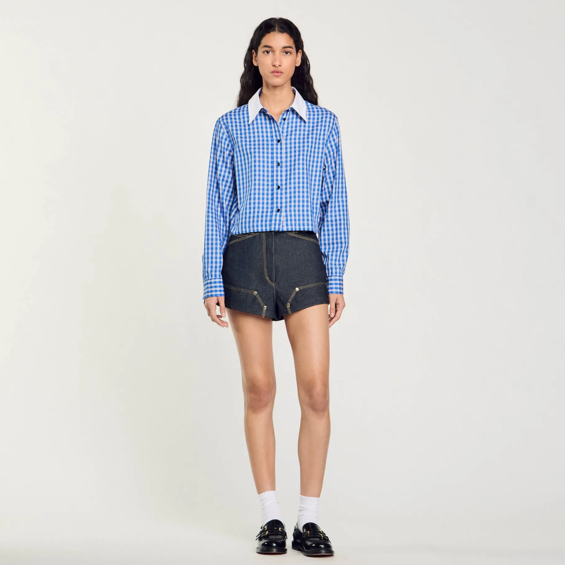 Online SANDRO Chemise Courte à Carreaux Bleu Roi