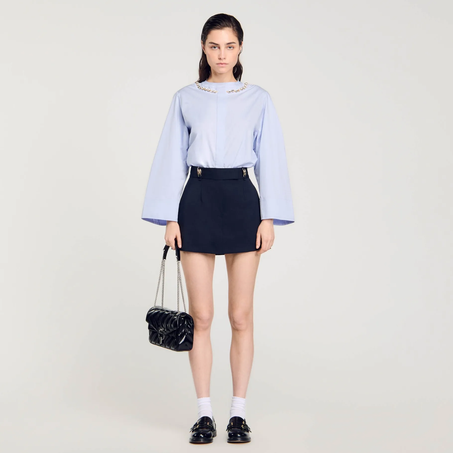 Best Sale SANDRO Chemise Courte à Col Bijou Bleu Ciel