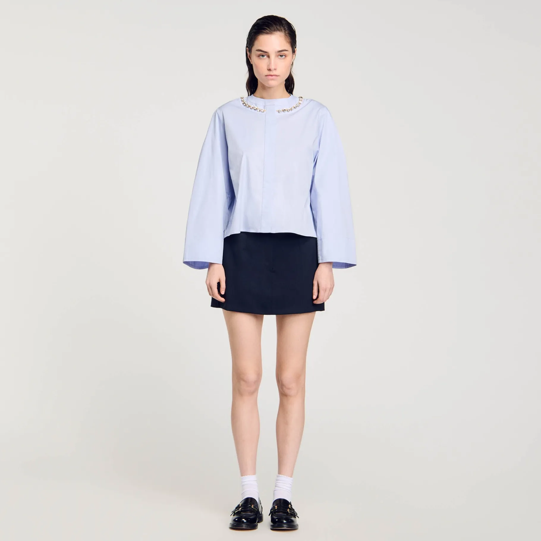 Best Sale SANDRO Chemise Courte à Col Bijou Bleu Ciel