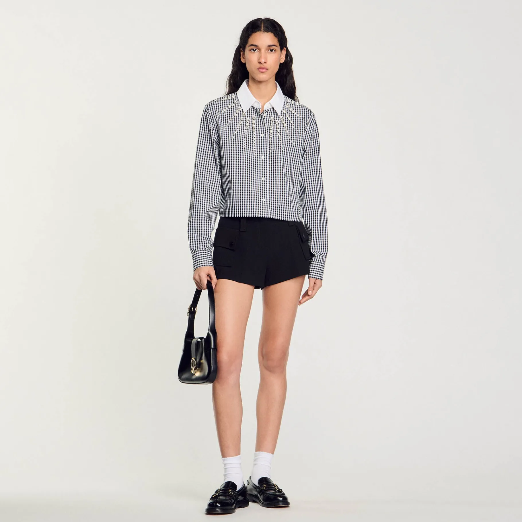 New SANDRO Chemise Courte à Plastron Strassé Noir