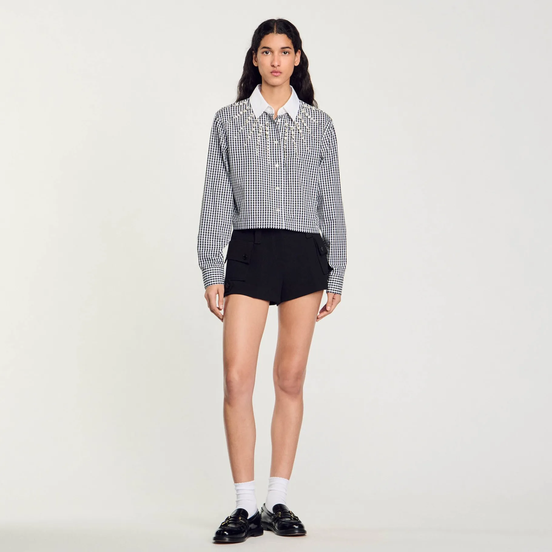 New SANDRO Chemise Courte à Plastron Strassé Noir