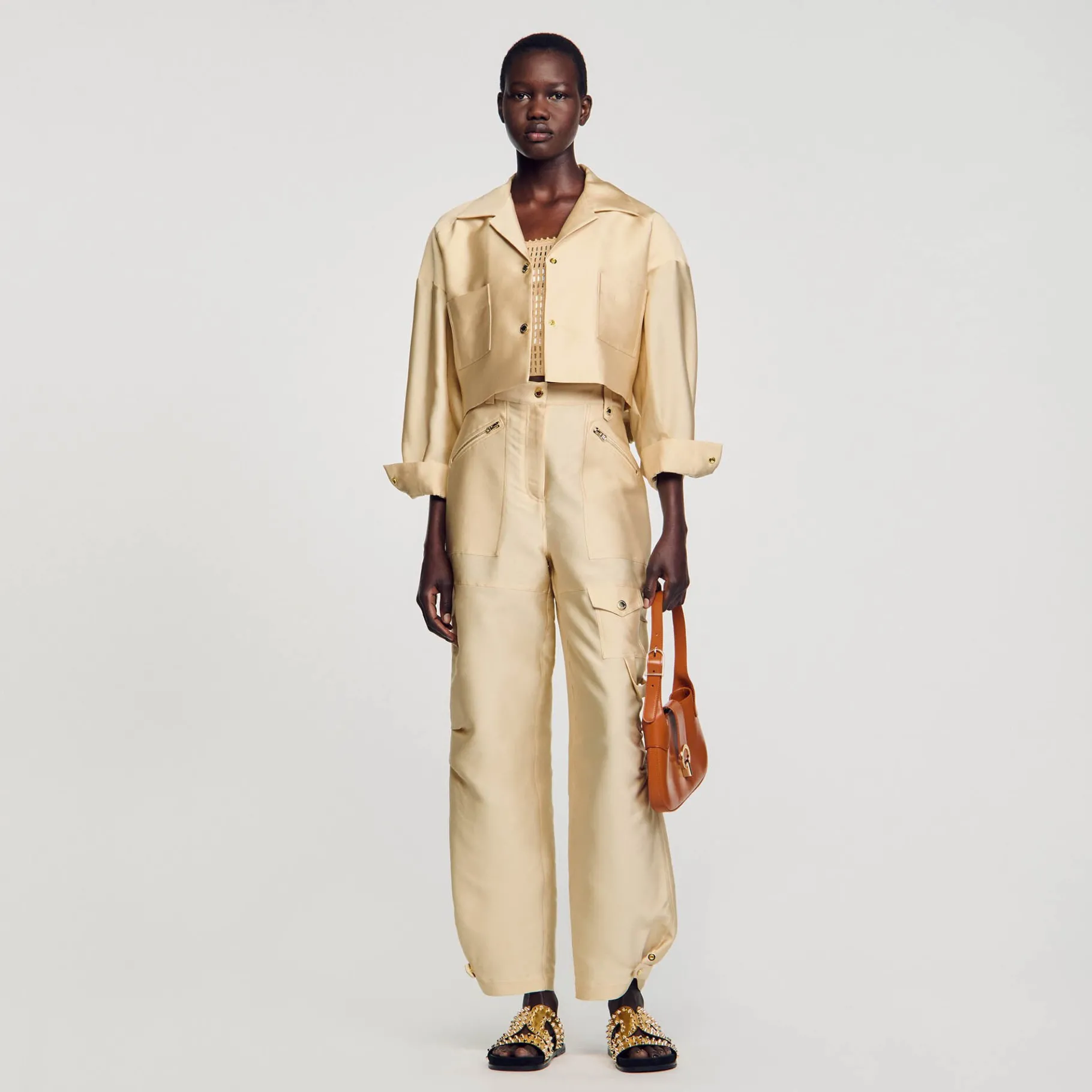 Best SANDRO Chemise Courte Satinée Beige