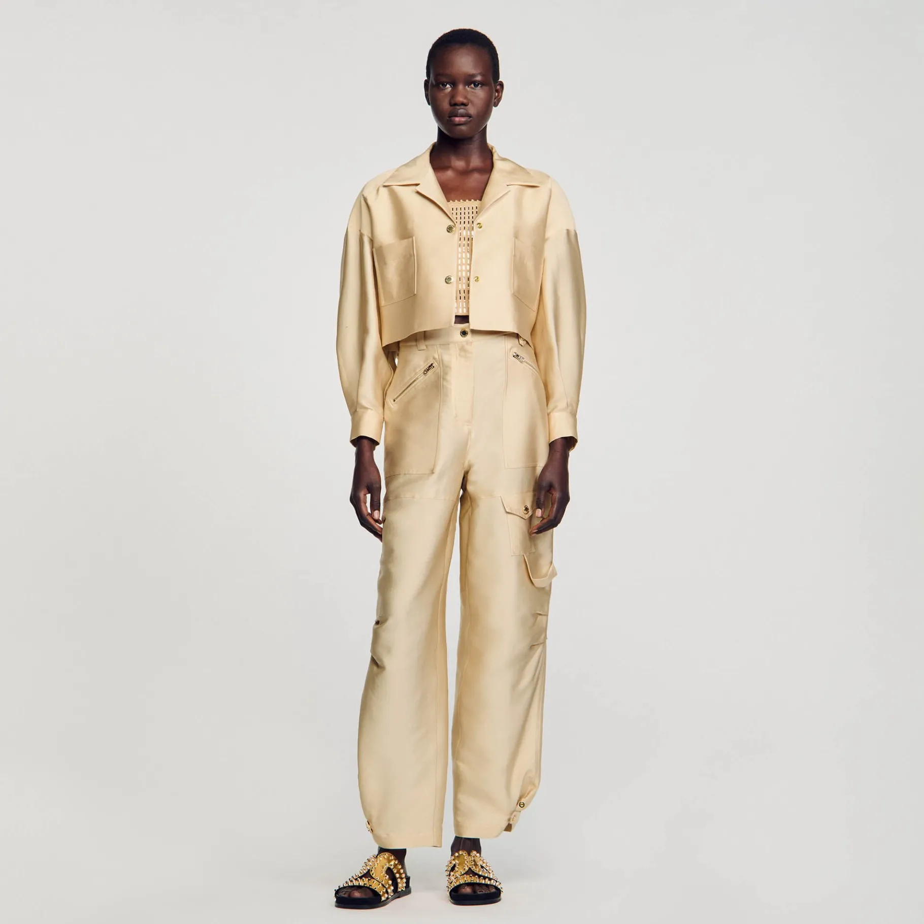 Best SANDRO Chemise Courte Satinée Beige