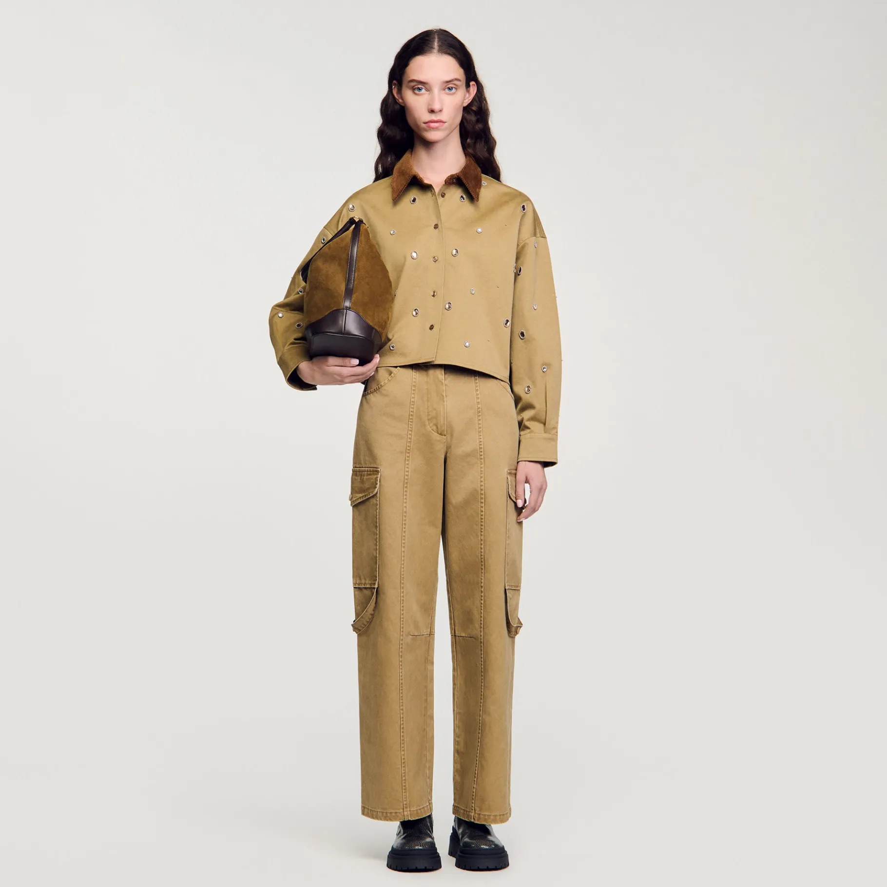 Sale SANDRO Chemise Courte Strassée Kaki