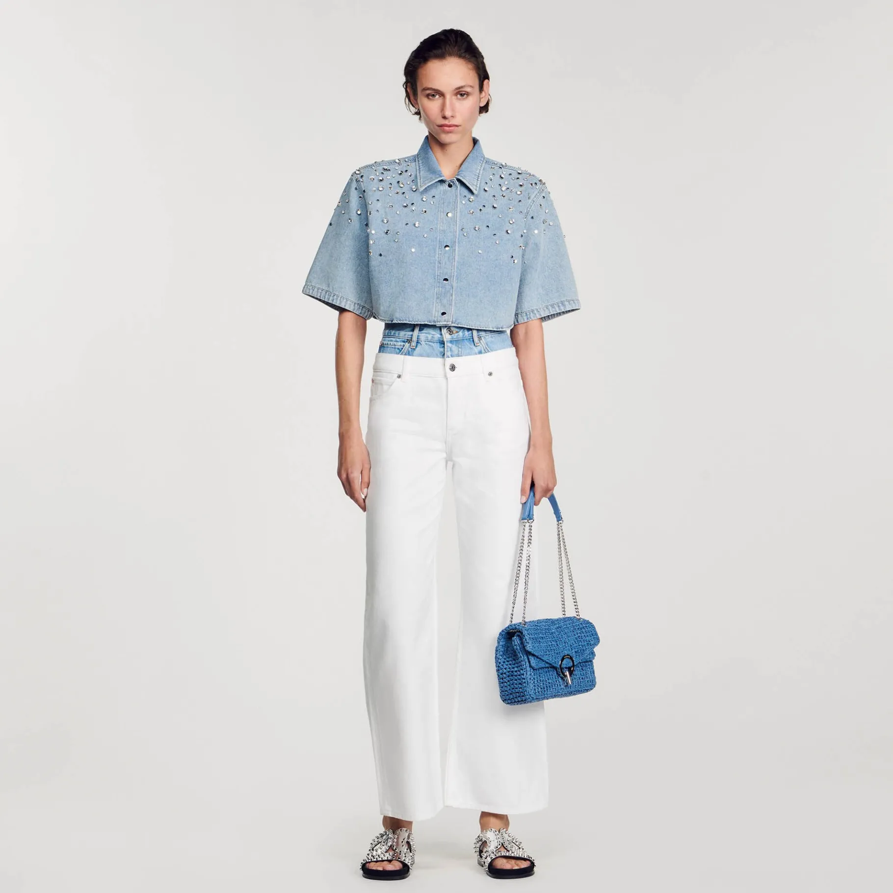 Flash Sale SANDRO Chemise Courte Strassée Bleu jean clair