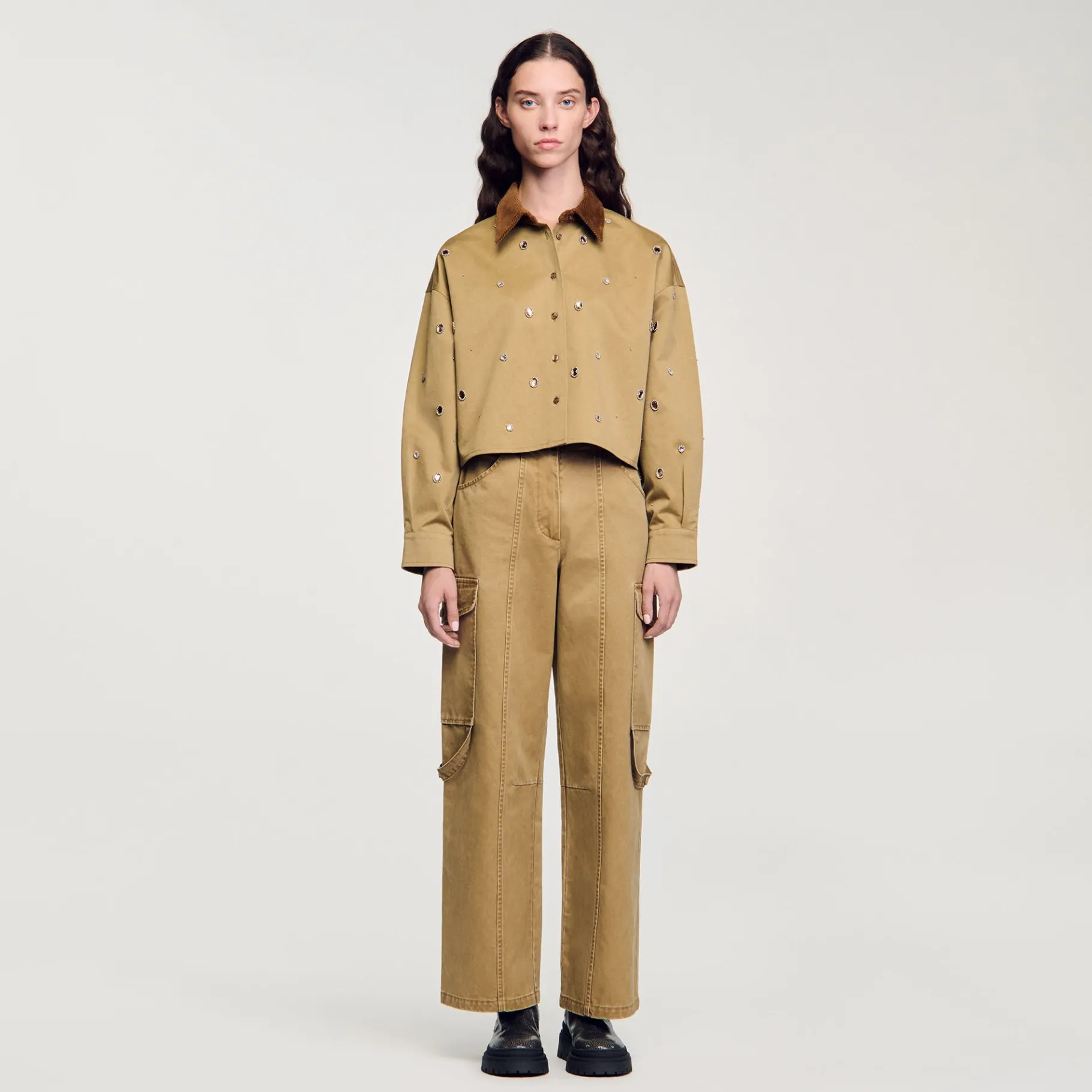 Sale SANDRO Chemise Courte Strassée Kaki