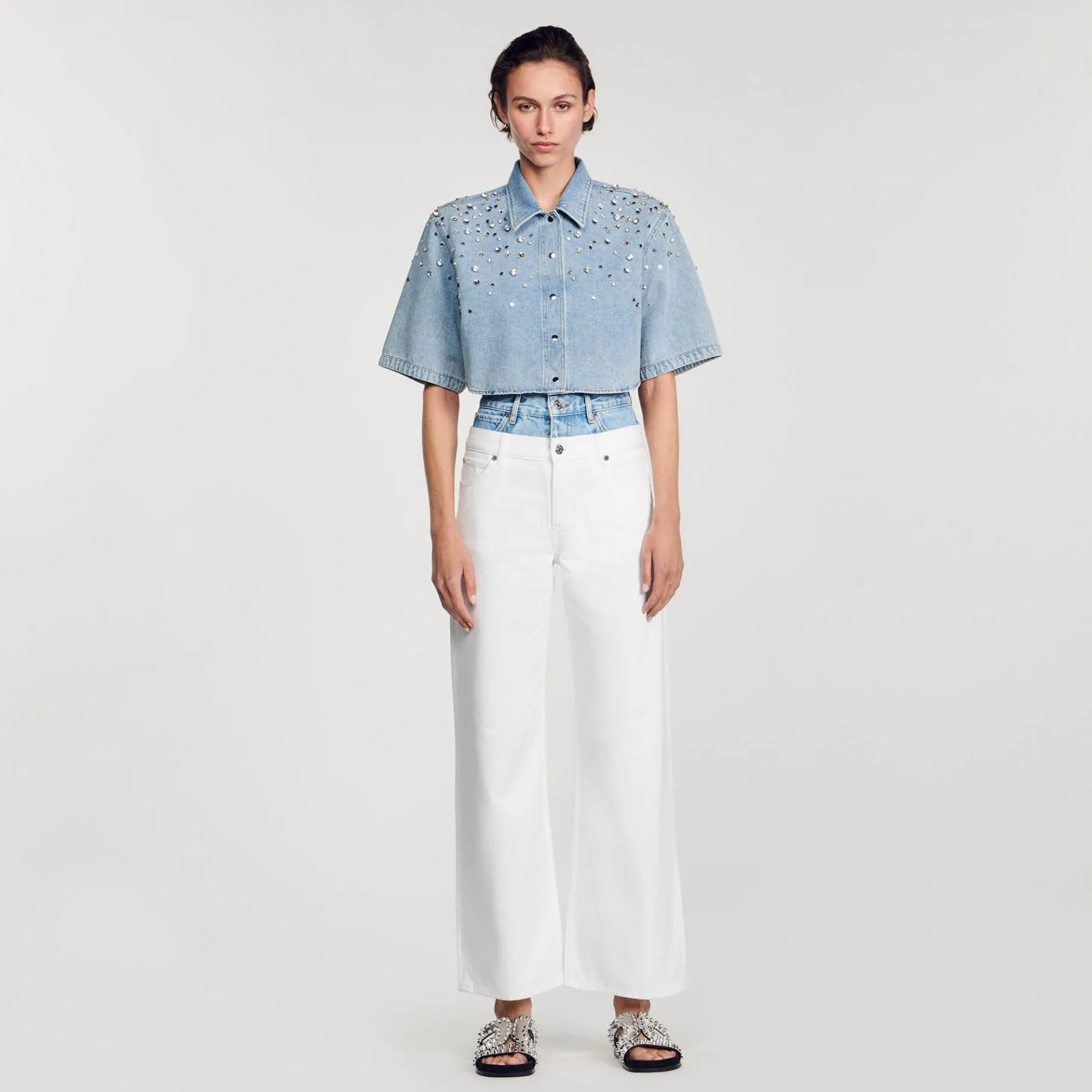 Flash Sale SANDRO Chemise Courte Strassée Bleu jean clair