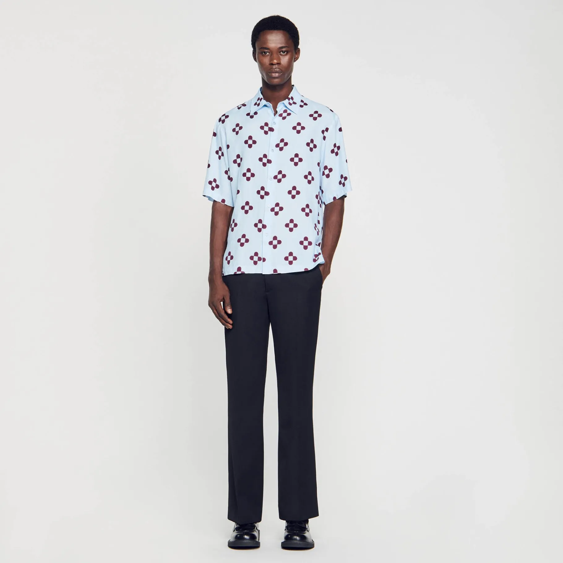 Outlet SANDRO Chemise Cross Flower Manches Courtes Bleu Ciel