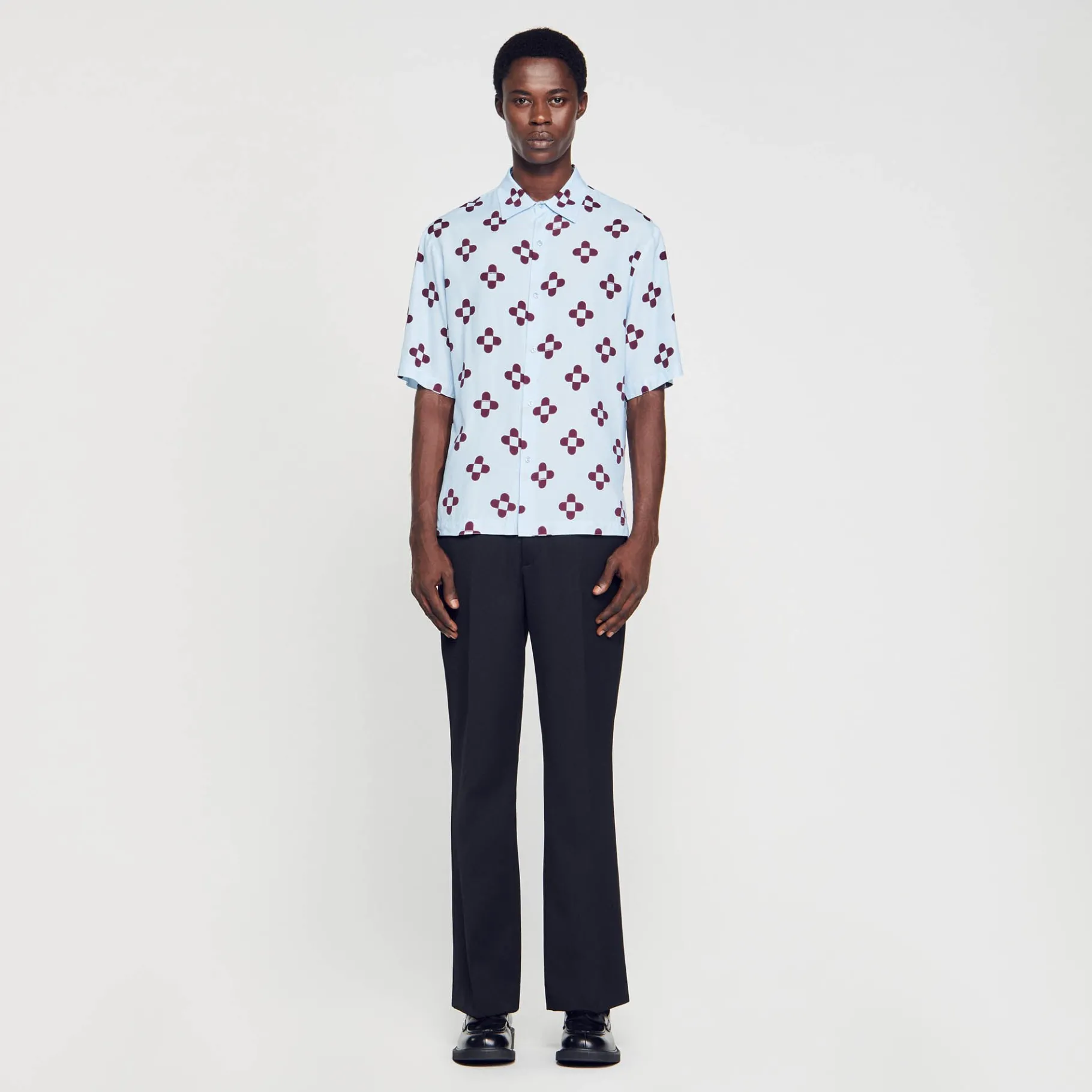 Outlet SANDRO Chemise Cross Flower Manches Courtes Bleu Ciel