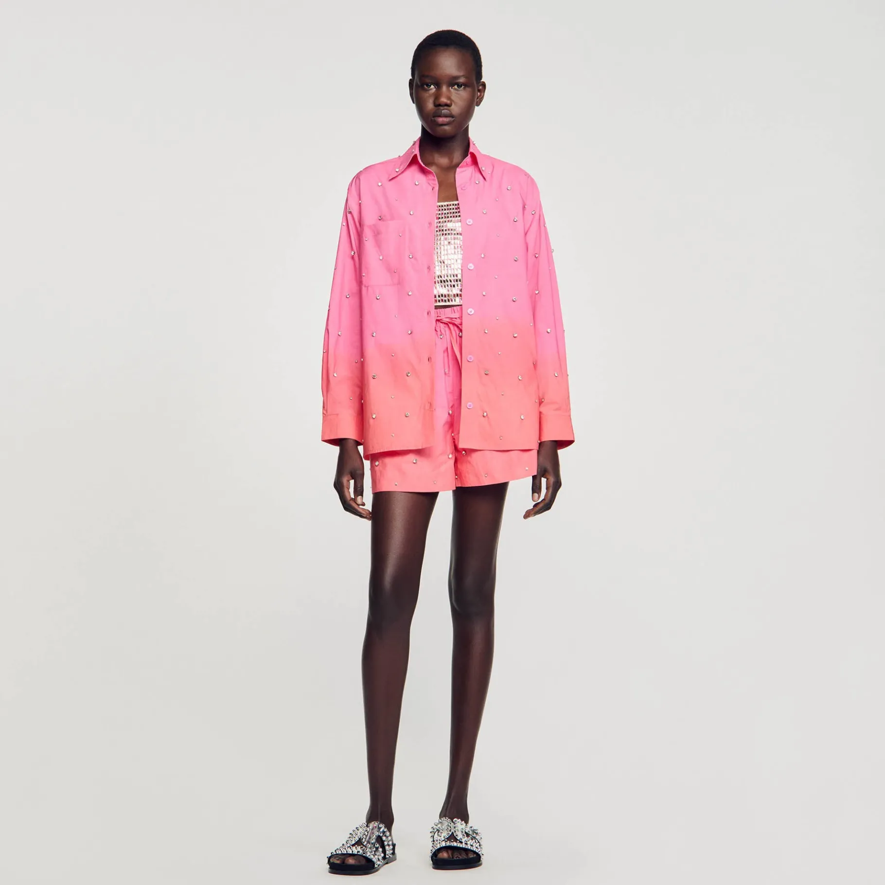 Online SANDRO Chemise Dip Dye Strassée Rose / Orange