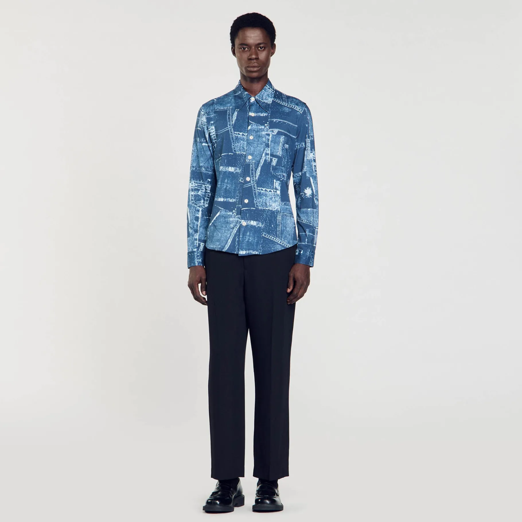 Shop SANDRO Chemise En Coton à Imprimé Patchwork Bleu