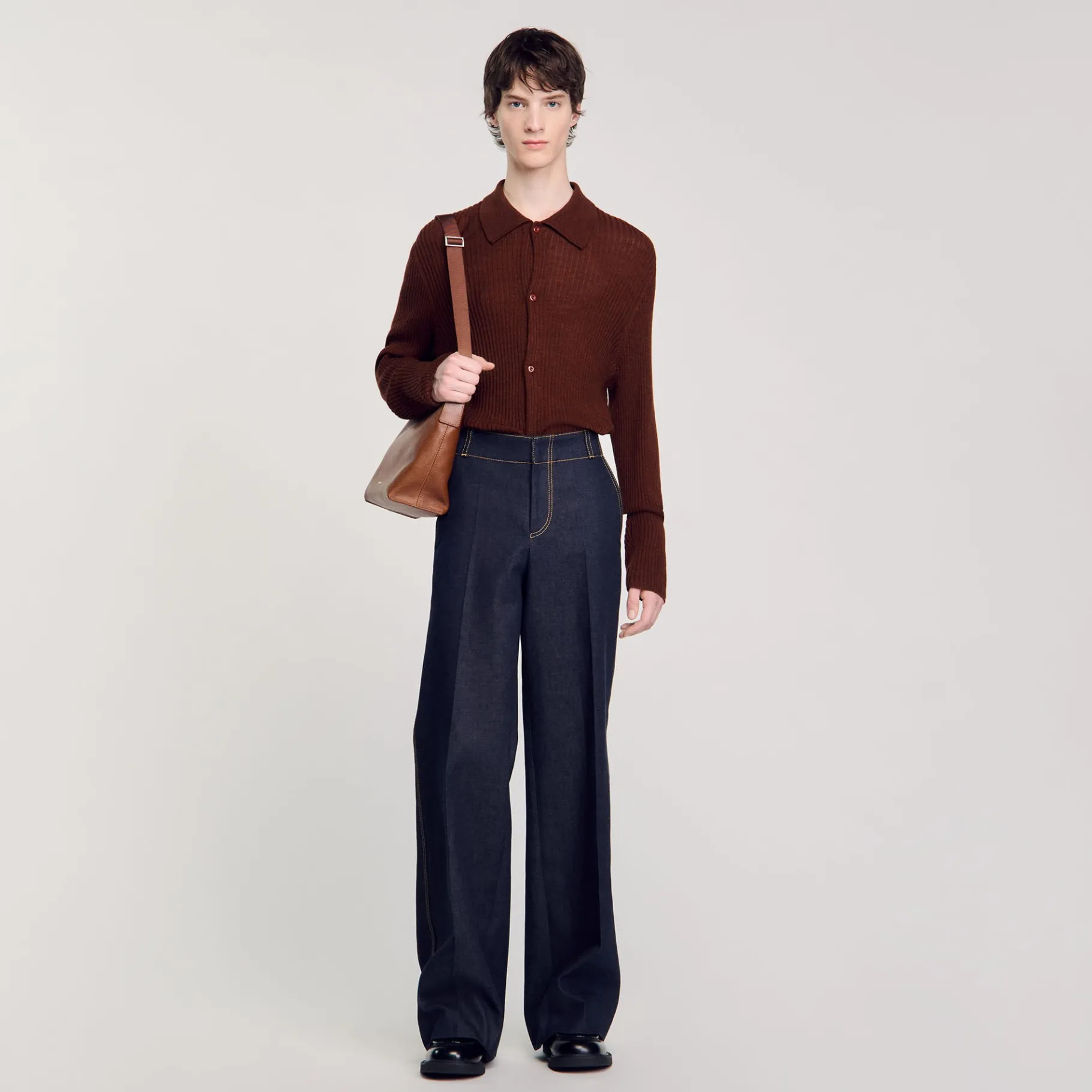 Shop SANDRO Chemise En Maille Cognac