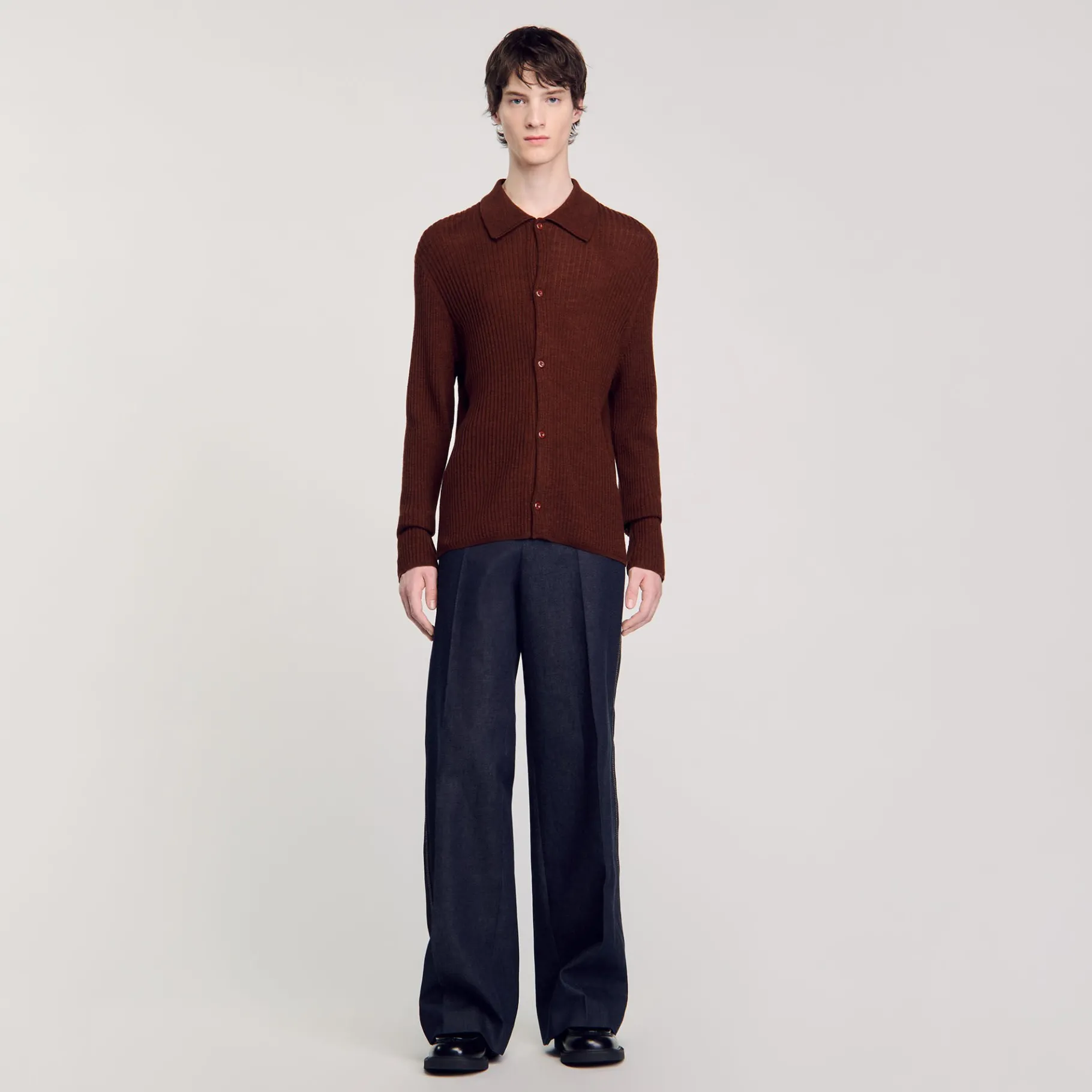 Shop SANDRO Chemise En Maille Cognac