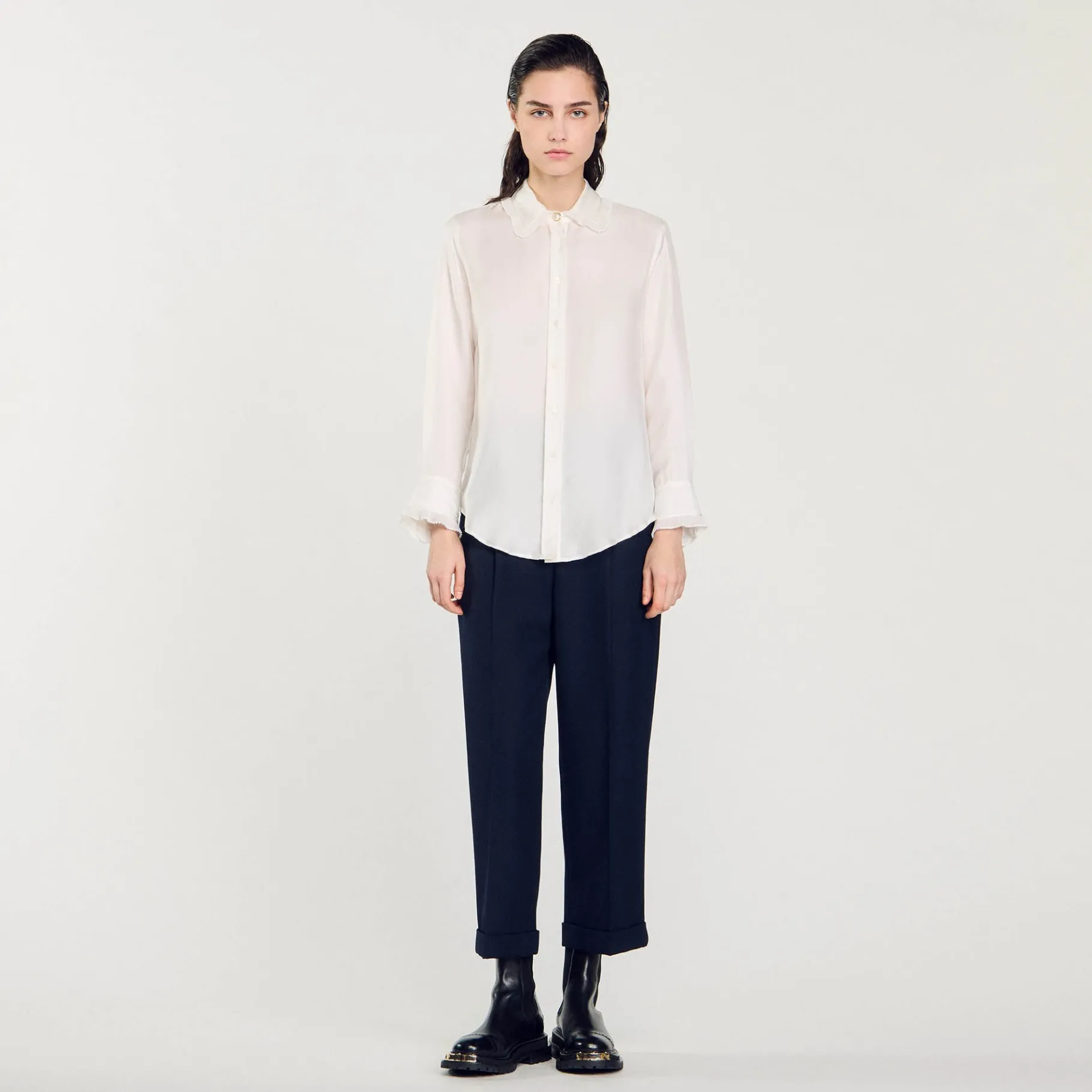 Best SANDRO Chemise En Soie Avec Col Bordé De Plissé Ecru