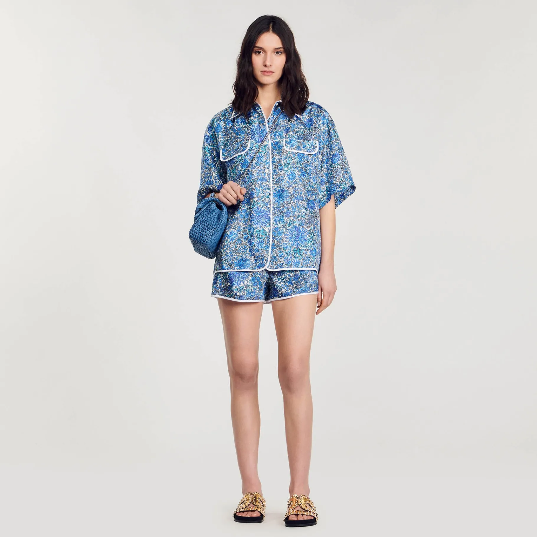 Flash Sale SANDRO Chemise Large En Soie à Imprimé Fleuri Bleu / Blanc