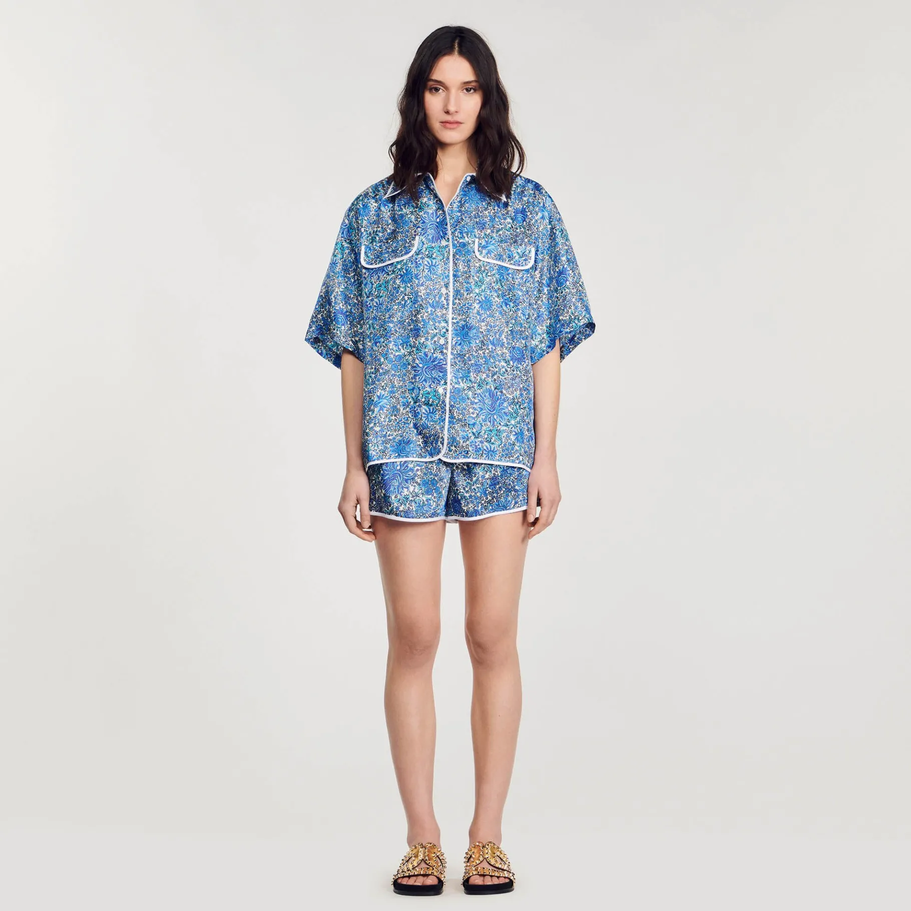 Flash Sale SANDRO Chemise Large En Soie à Imprimé Fleuri Bleu / Blanc