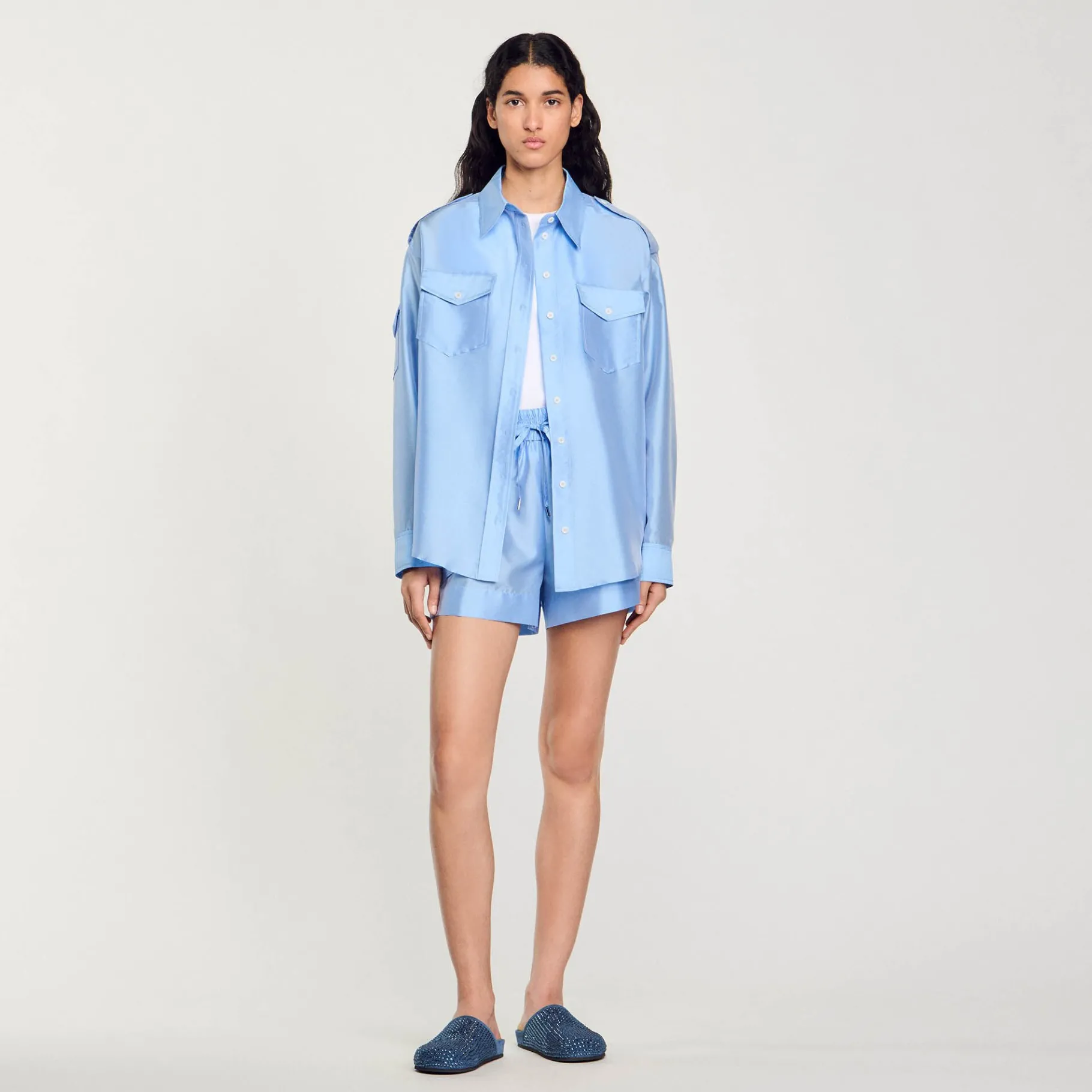 Store SANDRO Chemise Large Satinée Bleu Ciel