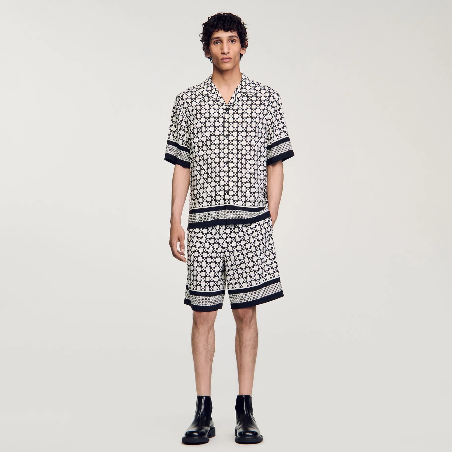Best Sale SANDRO Chemise Manches Courtes Square Cross Ecru / Marine