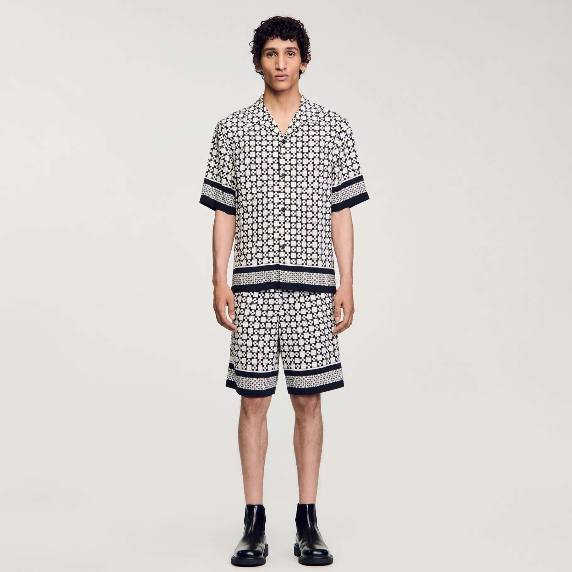 Best Sale SANDRO Chemise Manches Courtes Square Cross Ecru / Marine