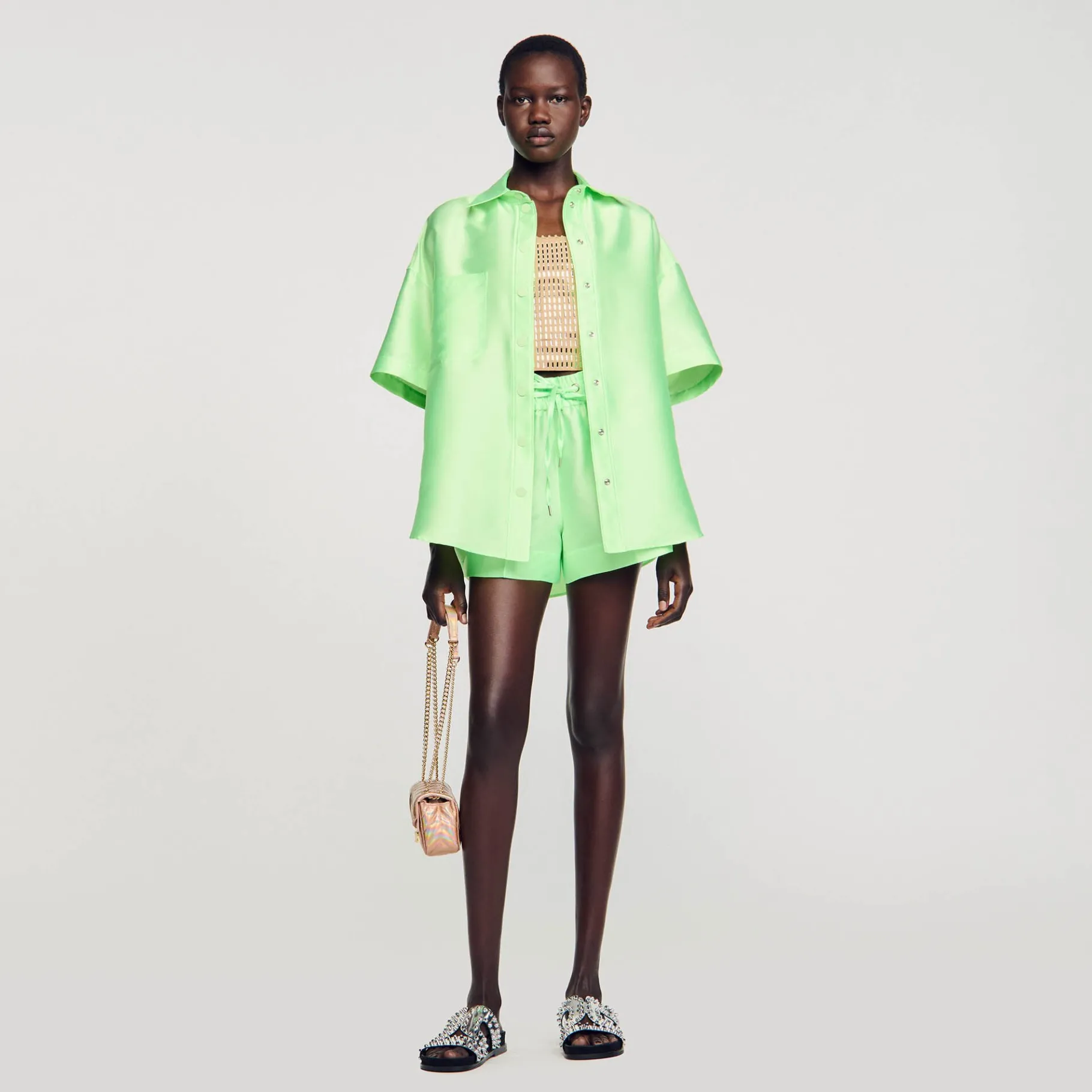 Fashion SANDRO Chemise Oversized Satinée Vert Fluo