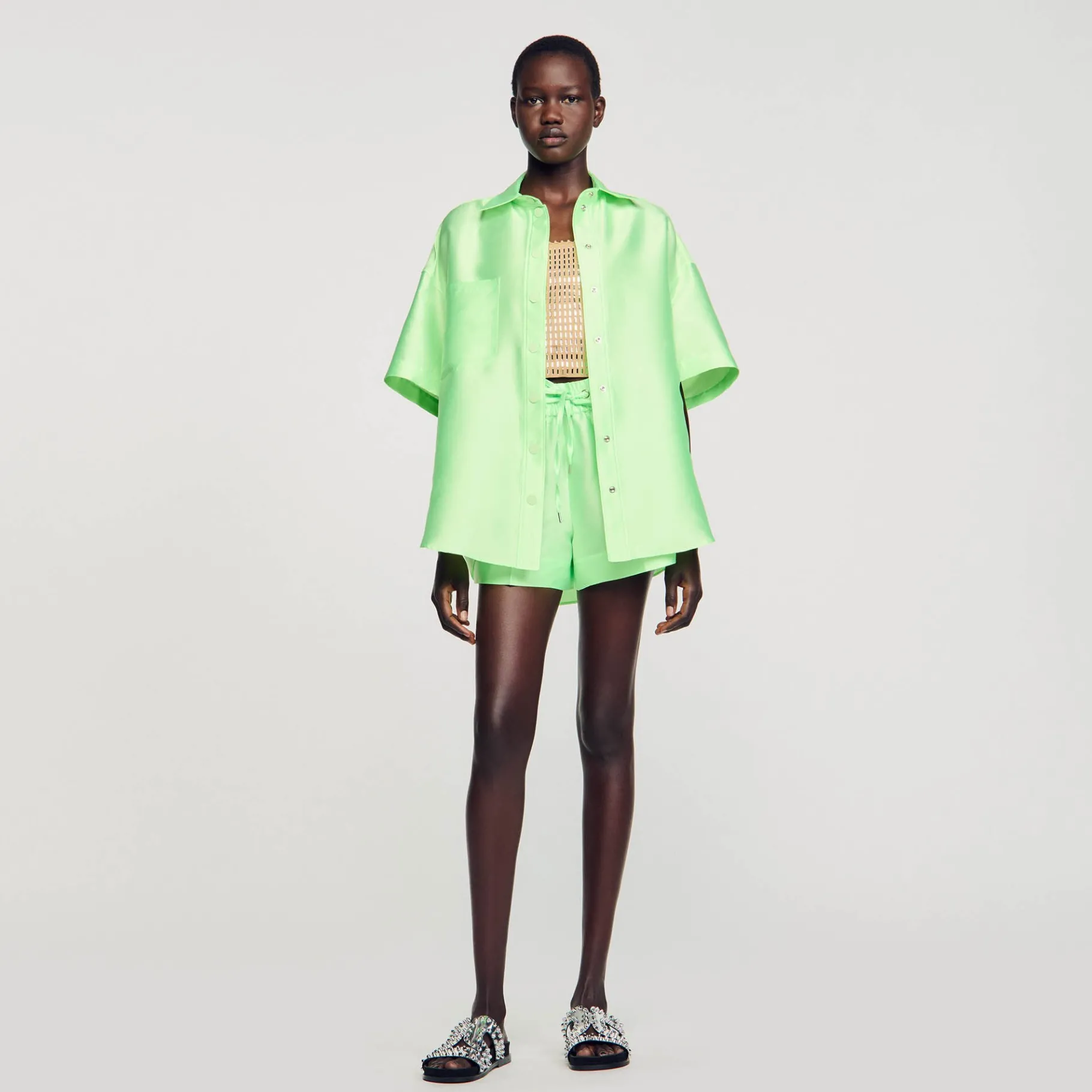 Fashion SANDRO Chemise Oversized Satinée Vert Fluo