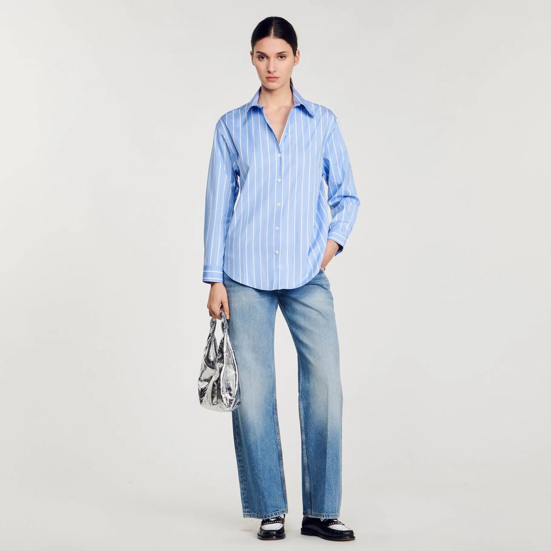 Clearance SANDRO Chemise Rayée à Dos Ouvert En Dentelle Bleu / Blanc