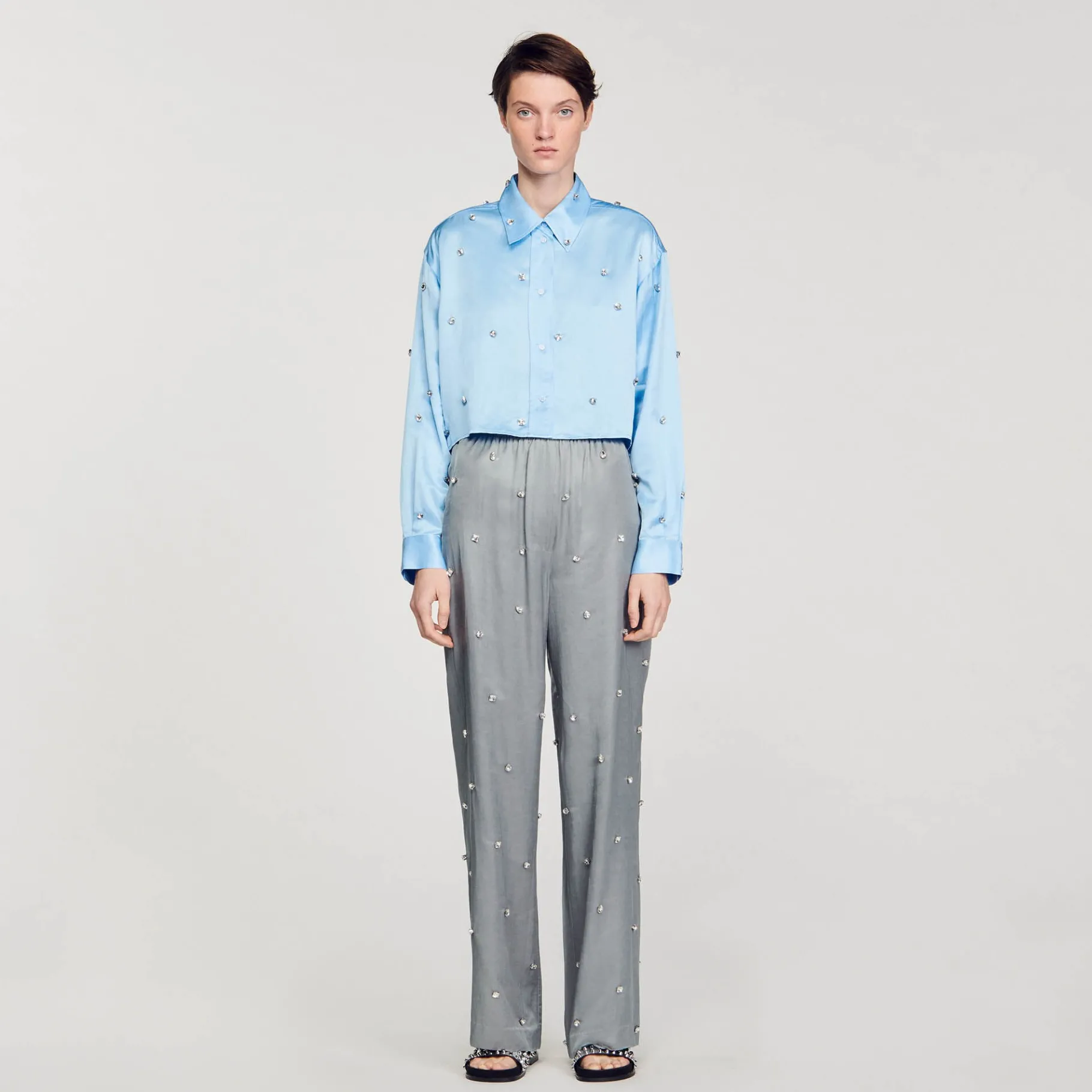 Hot SANDRO Chemise Satinée Ornée De Strass Bleu Ciel