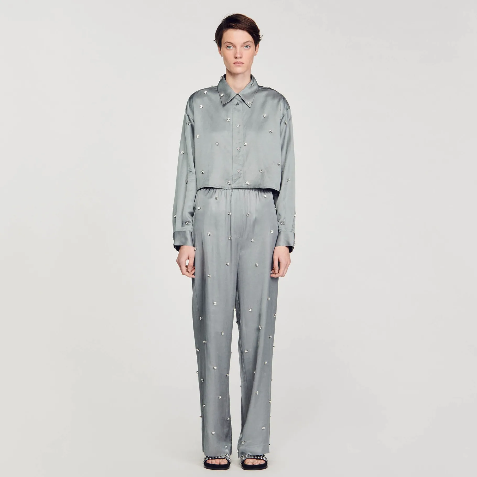 Clearance SANDRO Chemise Satinée Ornée De Strass Gris