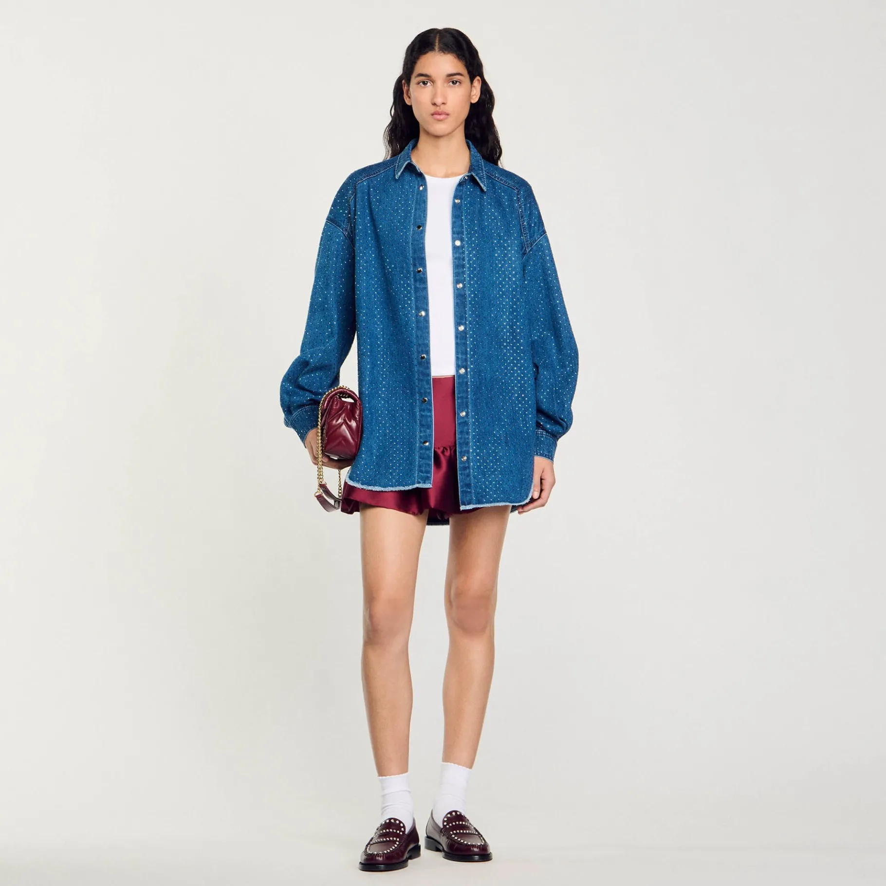 Store SANDRO Chemise Strassée En Jean Bleu jean