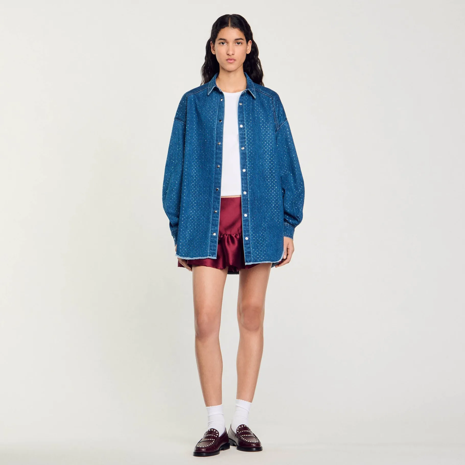 Store SANDRO Chemise Strassée En Jean Bleu jean