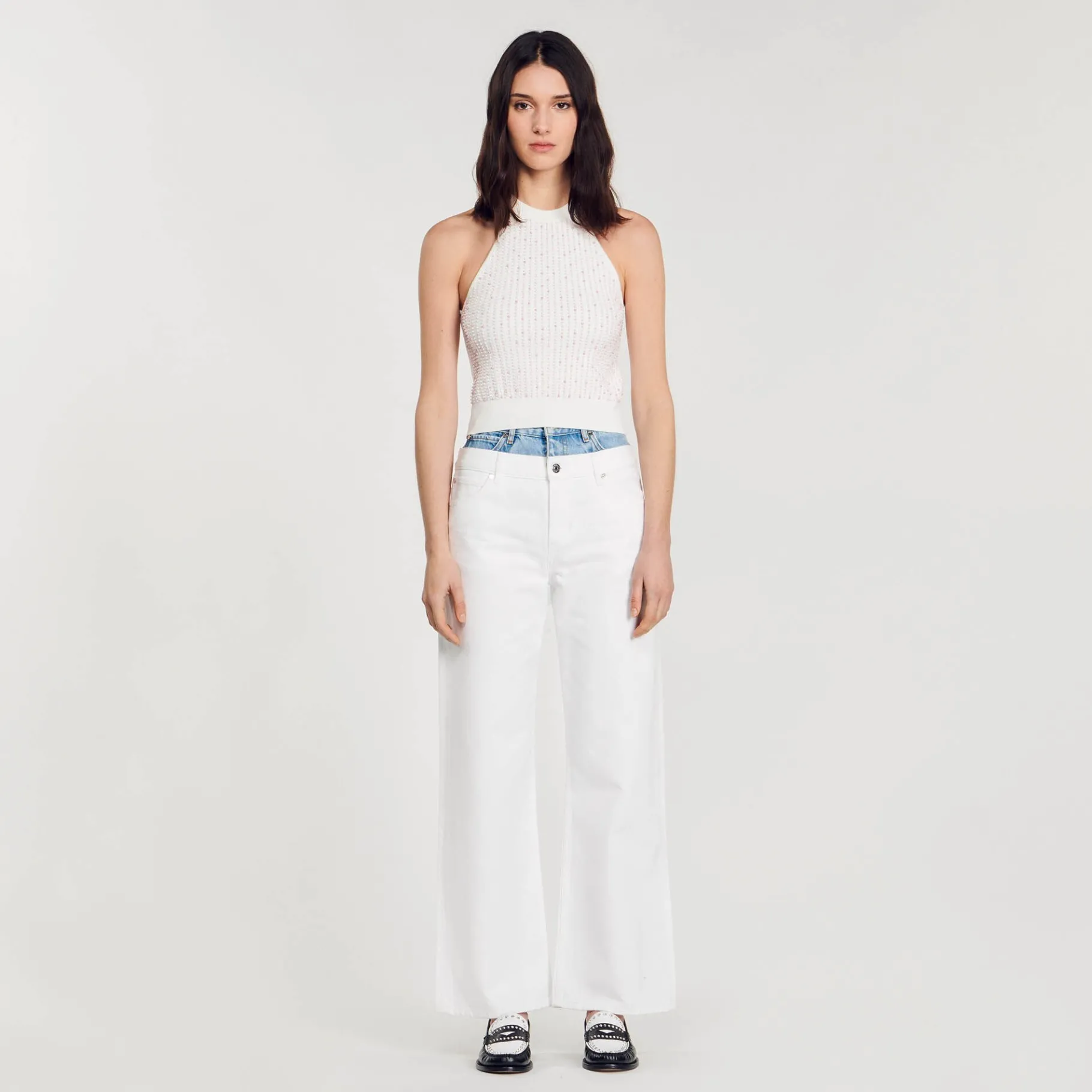 Sale SANDRO Débardeur En Maille Orné De Perles blanc