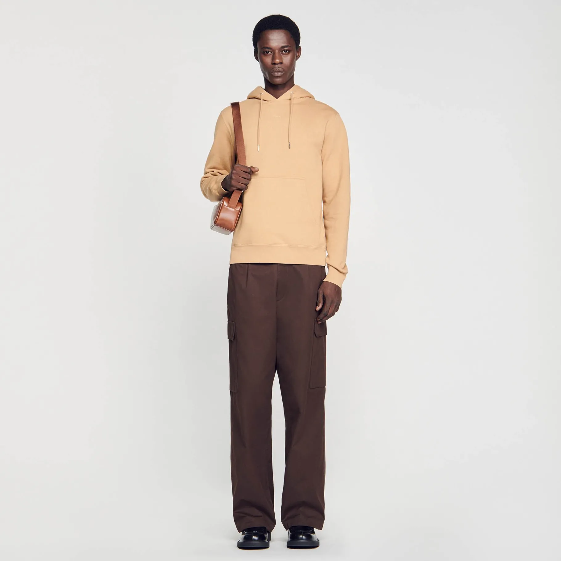 Clearance SANDRO Hoodie Homme Brodé En Coton Biologique Marron Clair