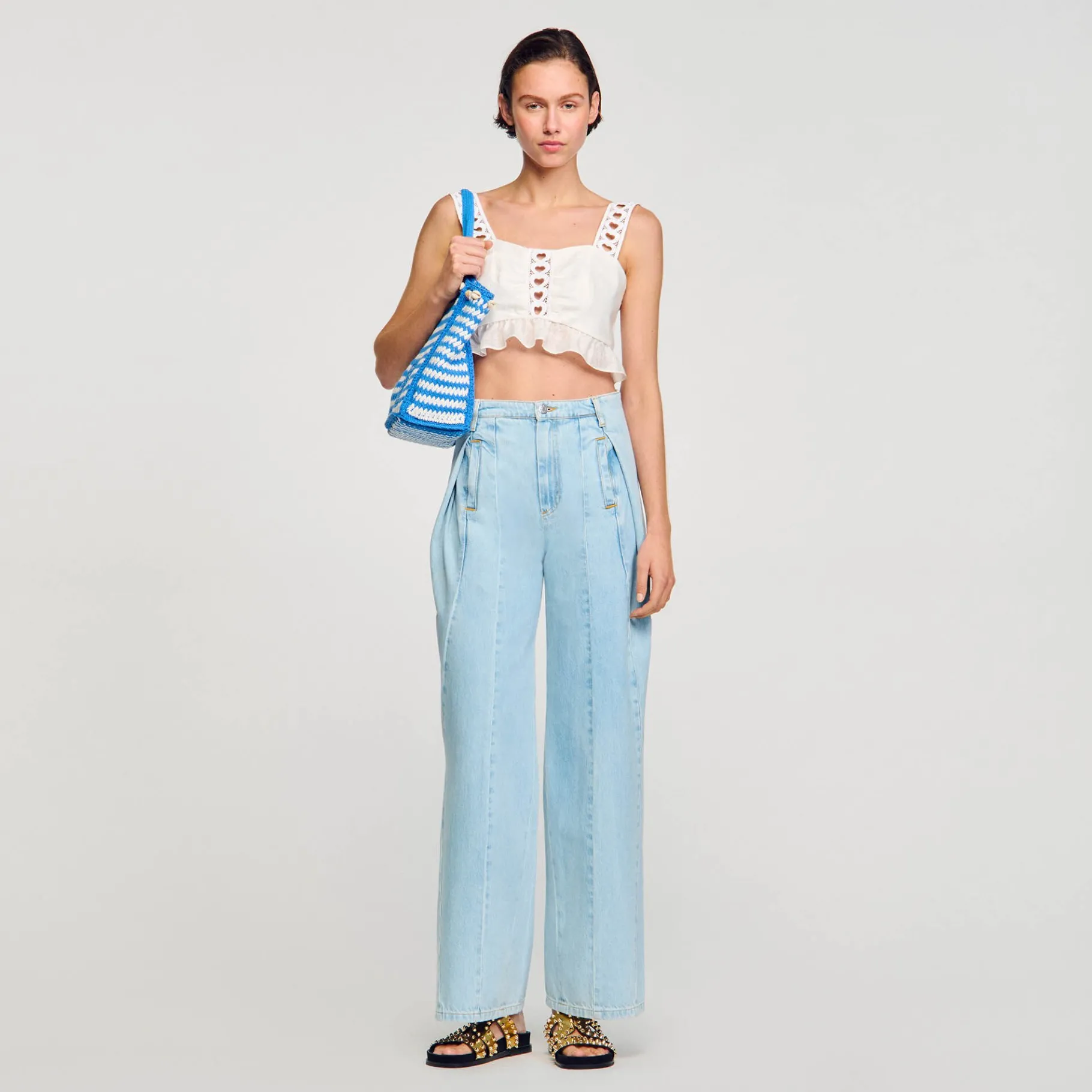 Store SANDRO Jean Large à Plis Creux Bleu jean clair