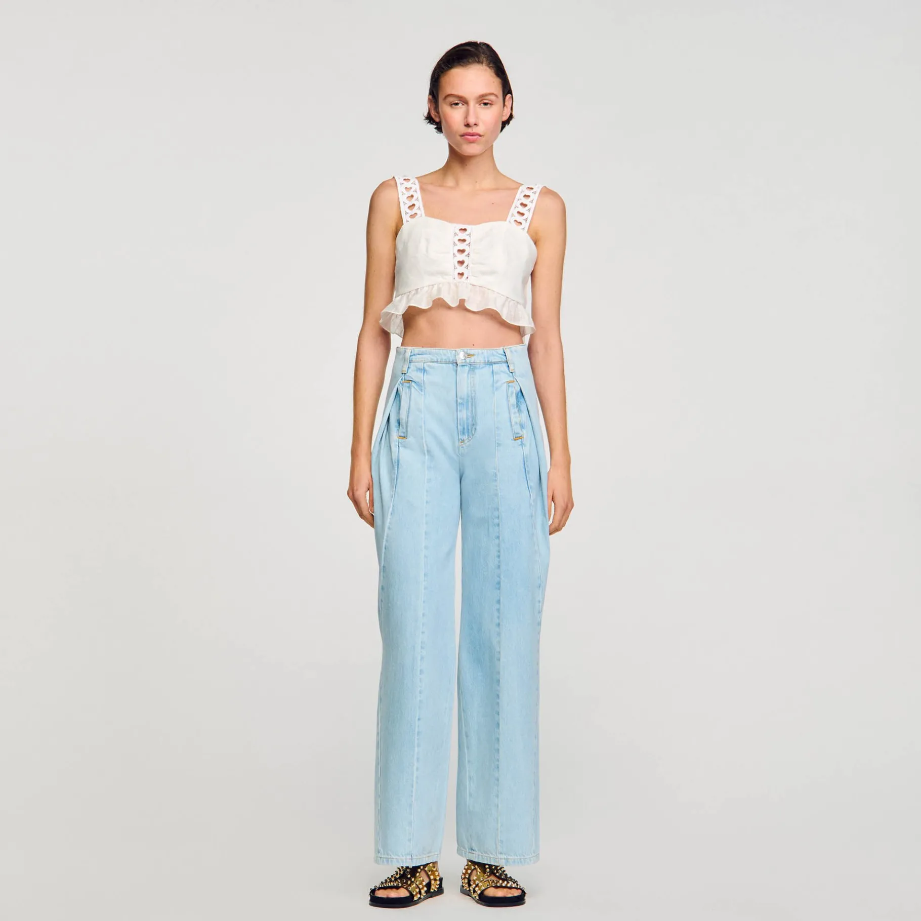 Store SANDRO Jean Large à Plis Creux Bleu jean clair