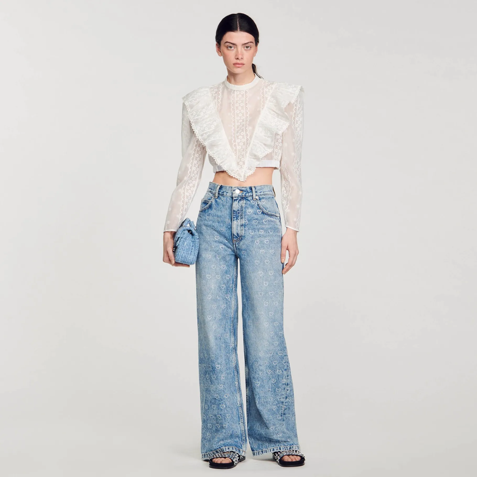 Store SANDRO Jean Large Orné De Cœurs En Strass Bleu jean