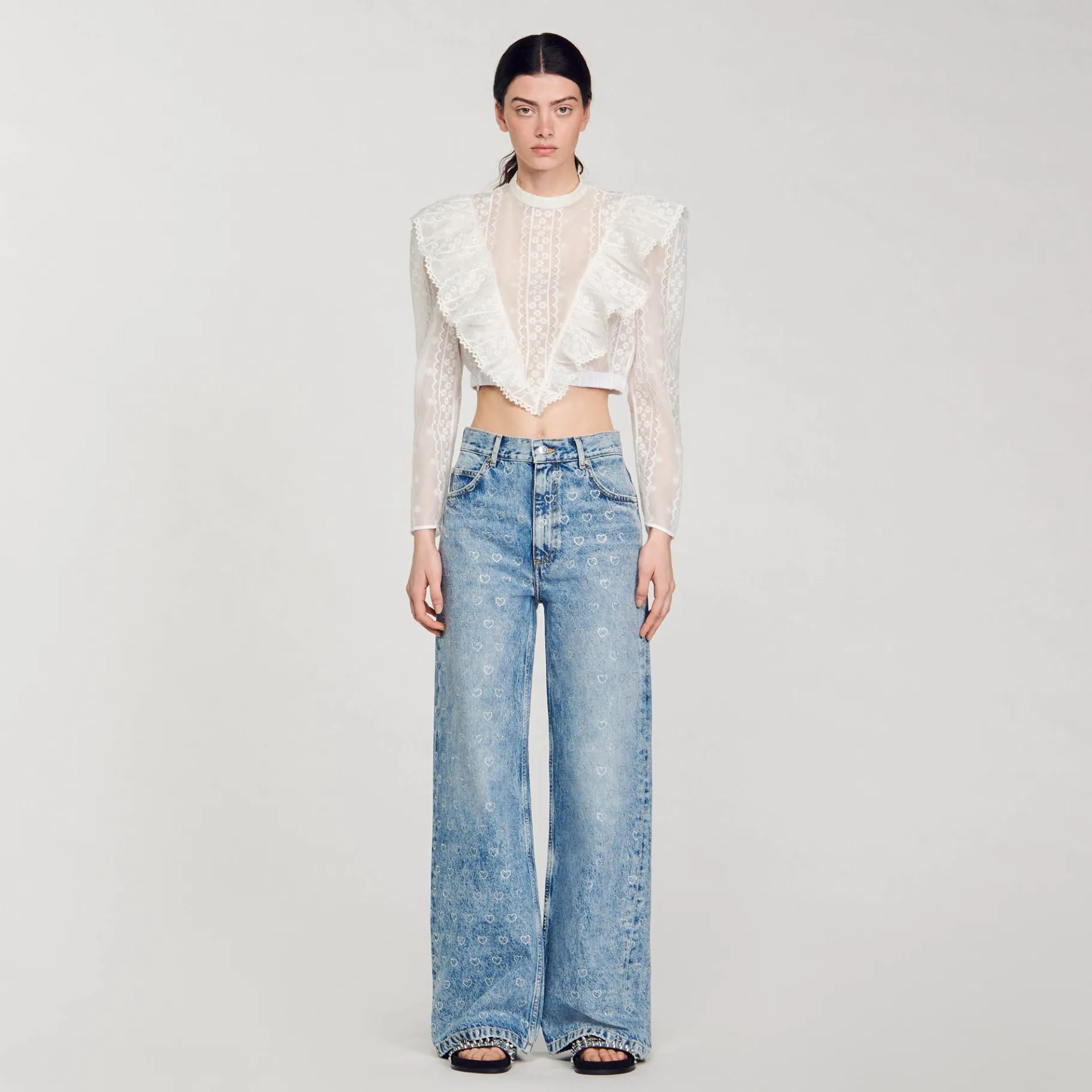 Store SANDRO Jean Large Orné De Cœurs En Strass Bleu jean
