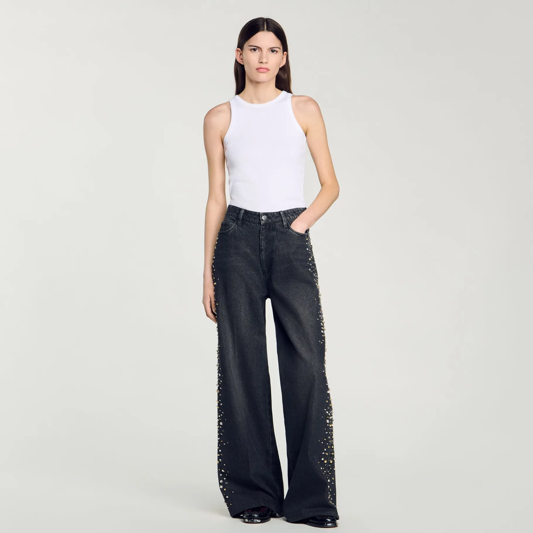 Cheap SANDRO Jean Large Strassé Noir