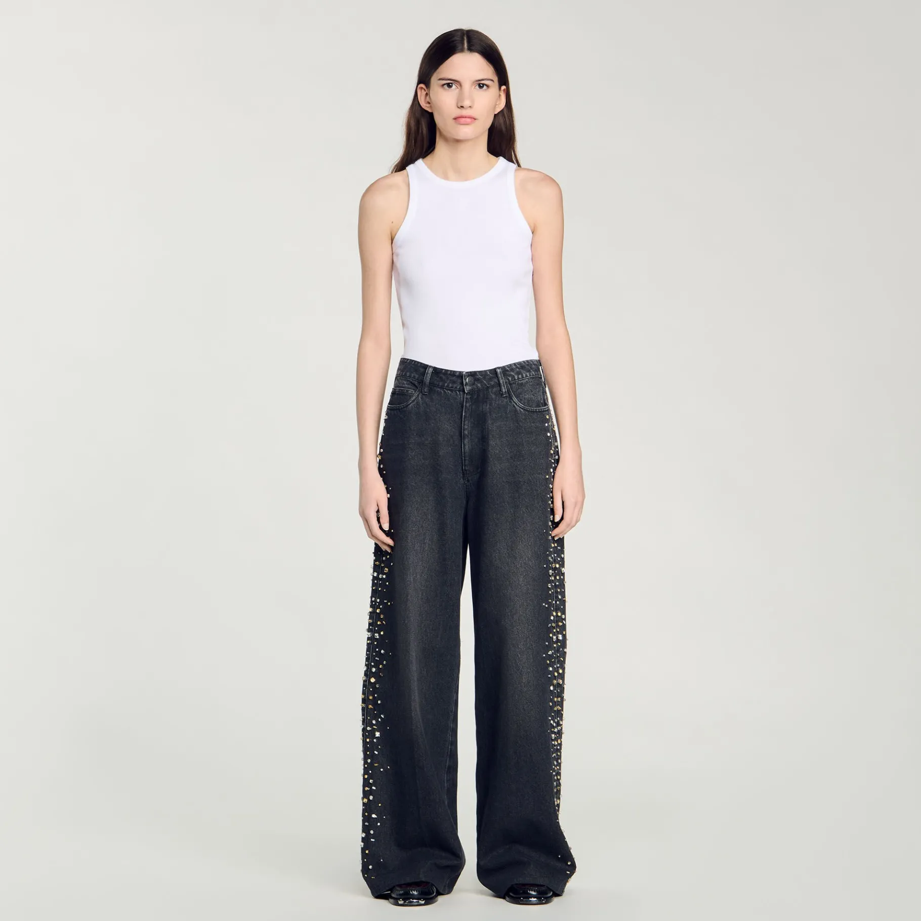 Cheap SANDRO Jean Large Strassé Noir