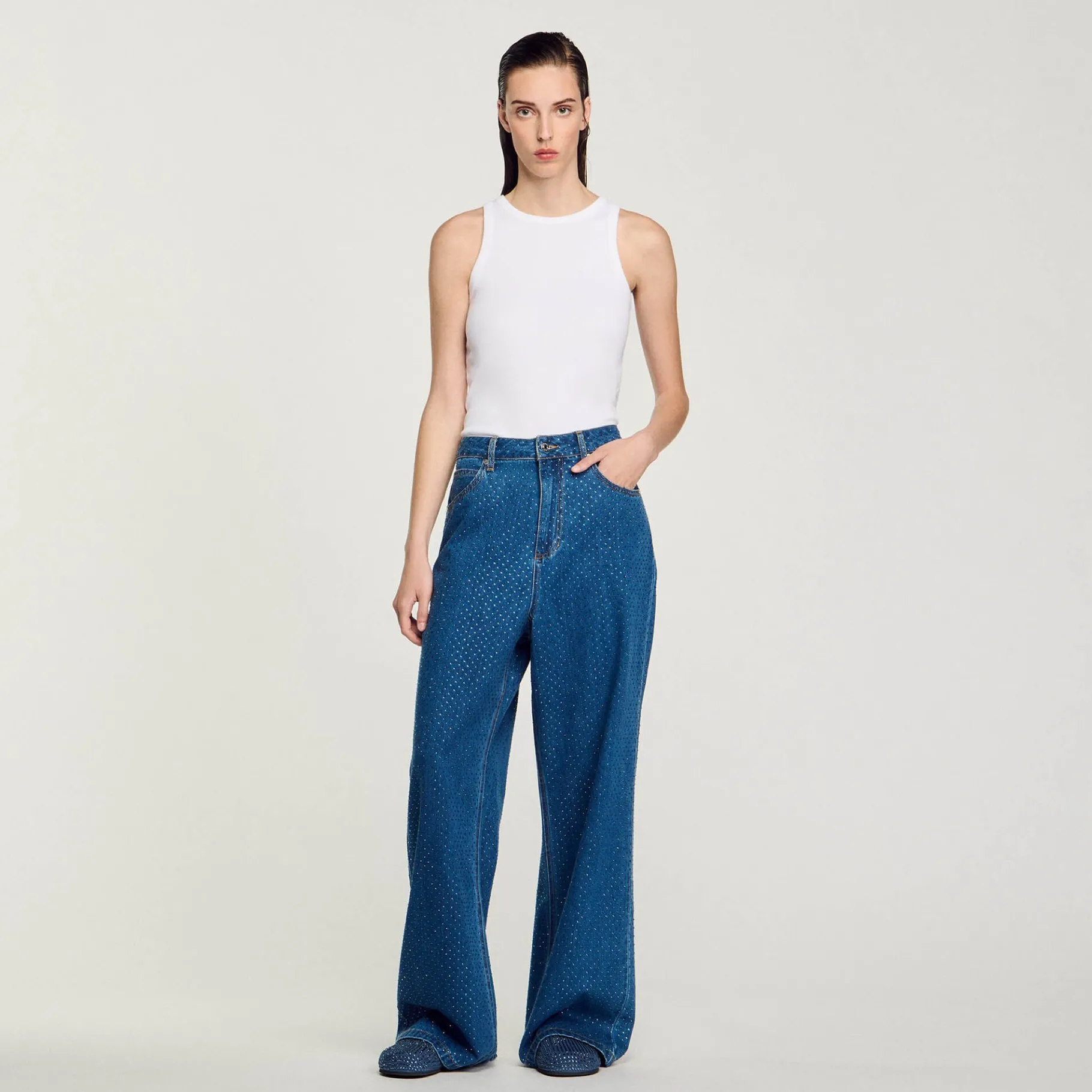 Shop SANDRO Jean Large Strassé Bleu jean