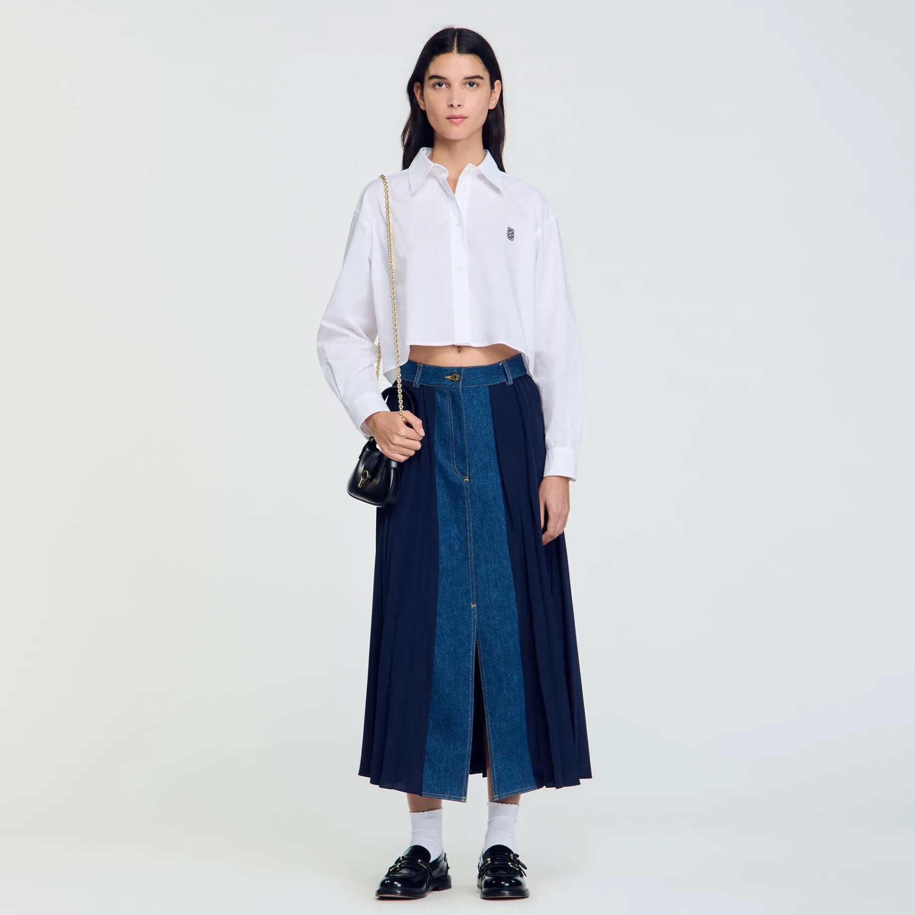 Clearance SANDRO Jupe Bimatière Denim Et Plissée Marine