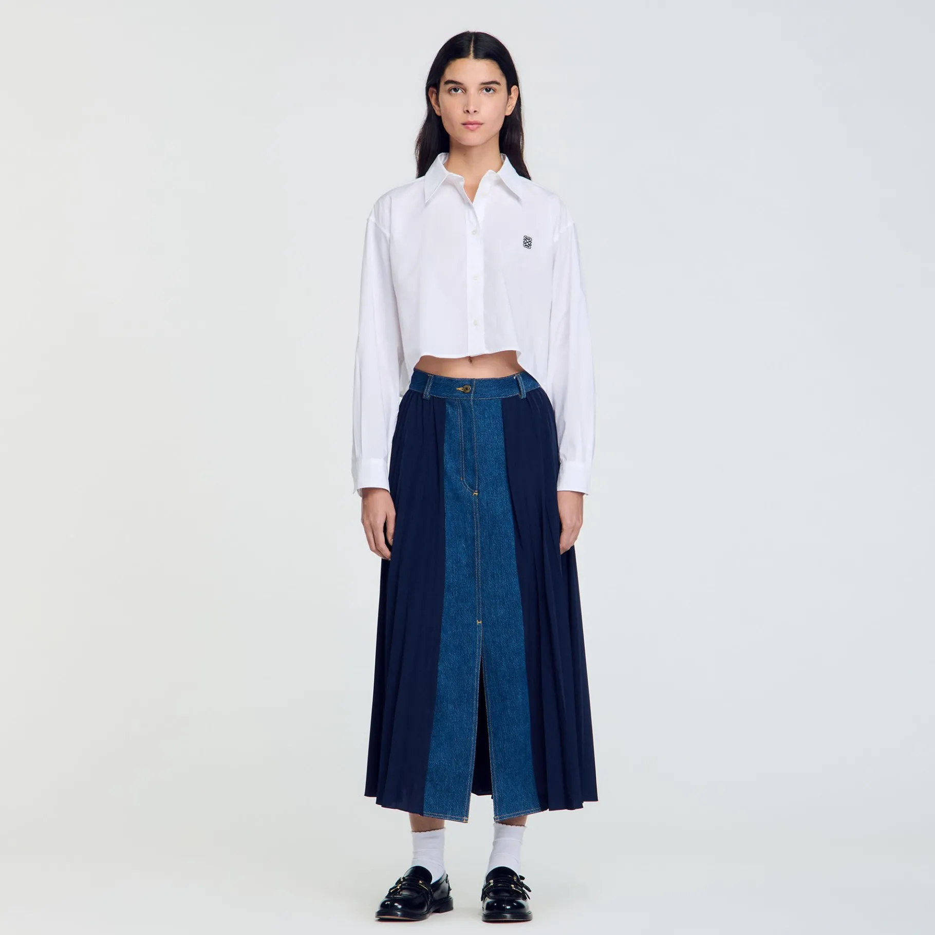 Clearance SANDRO Jupe Bimatière Denim Et Plissée Marine